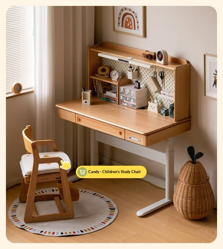 Beech Solid Wood Children's Study Desk with Electric Lift