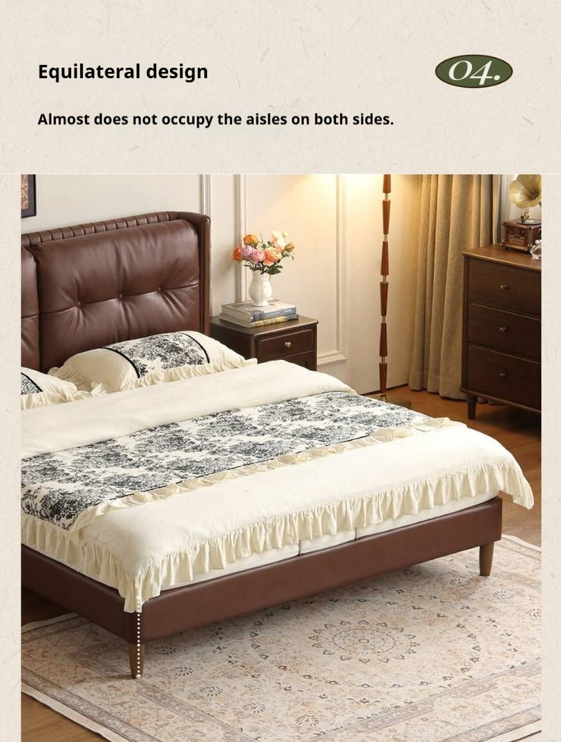 Ash solid wood Genuine Leather Tufted Wingback Bed with Extra Tall Headboard