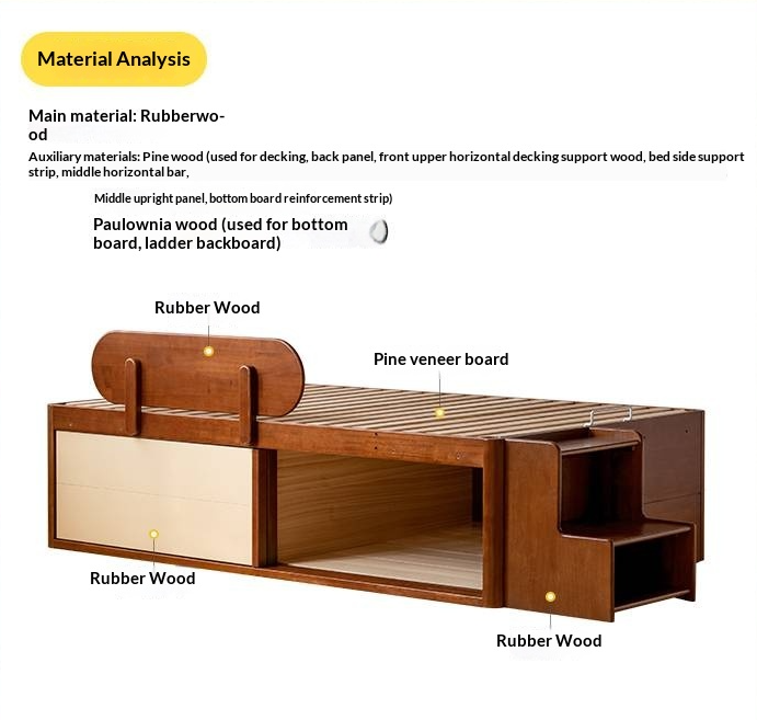 Rubberwood Solid Wood Kids’ Platform Bed and Hidden Storage