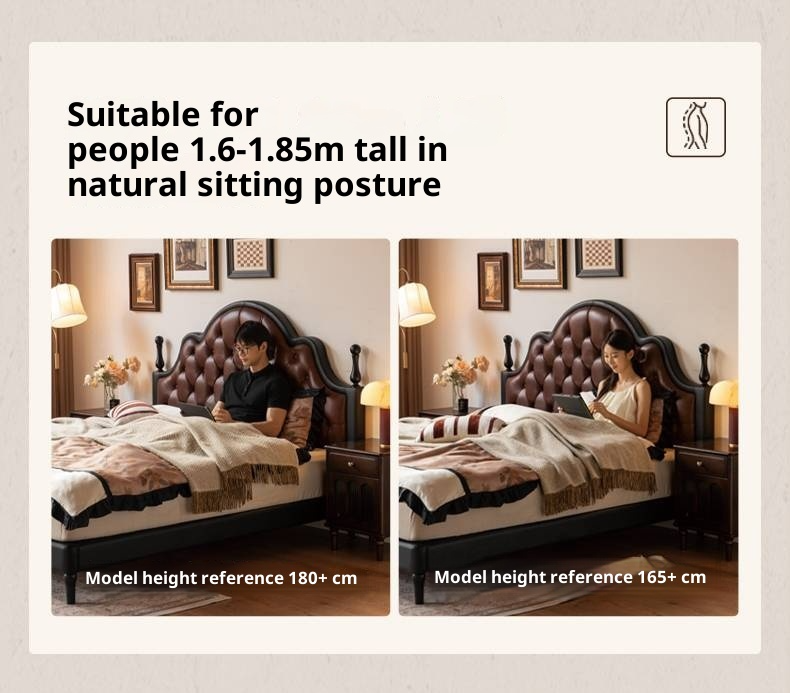 Genuine Leather Elegant Soft Backrest Bed, French Retro