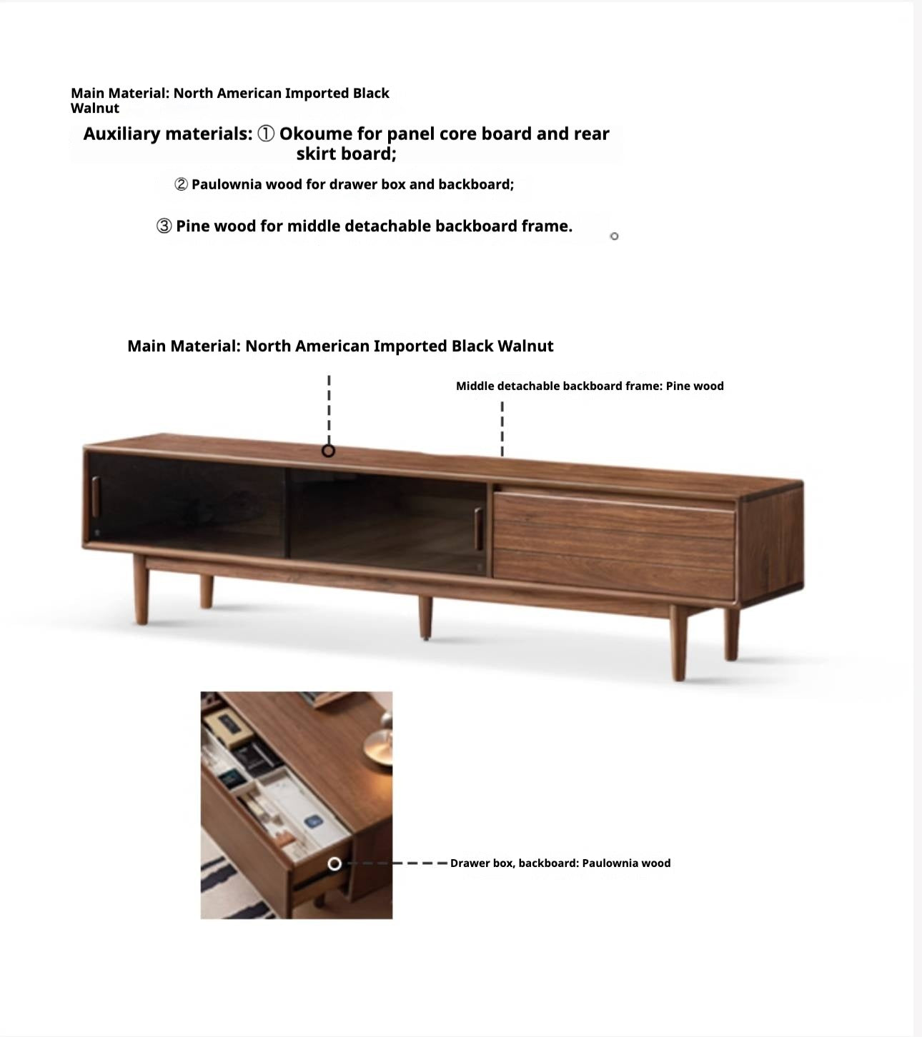 Black Walnut, Oak Solid Wood Sliding Doors TV Cabinet