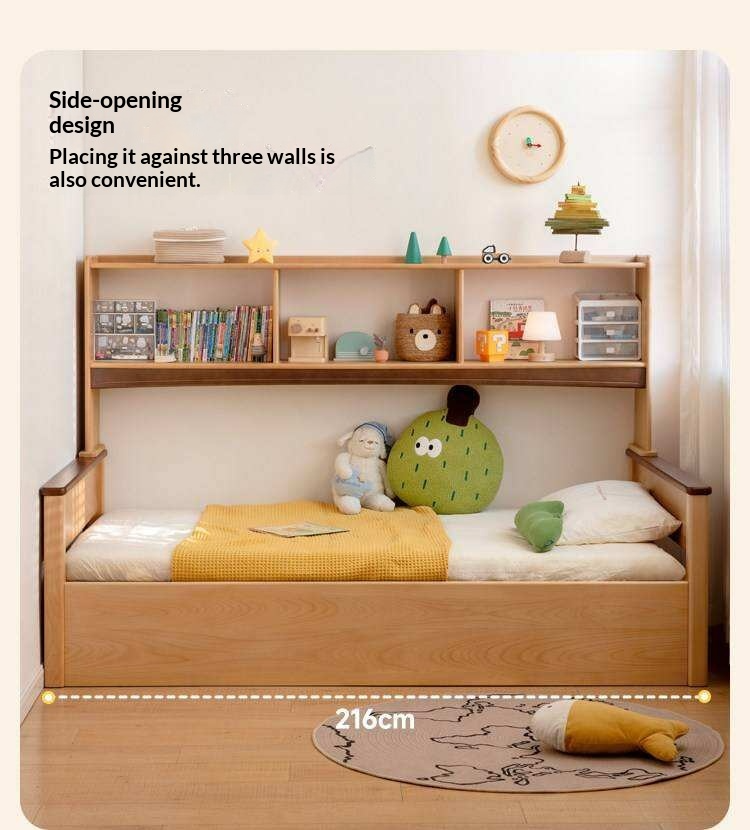 Beech Solid Wood Kids Storage Bed with Bookcase Headboard and Gas Lift Base