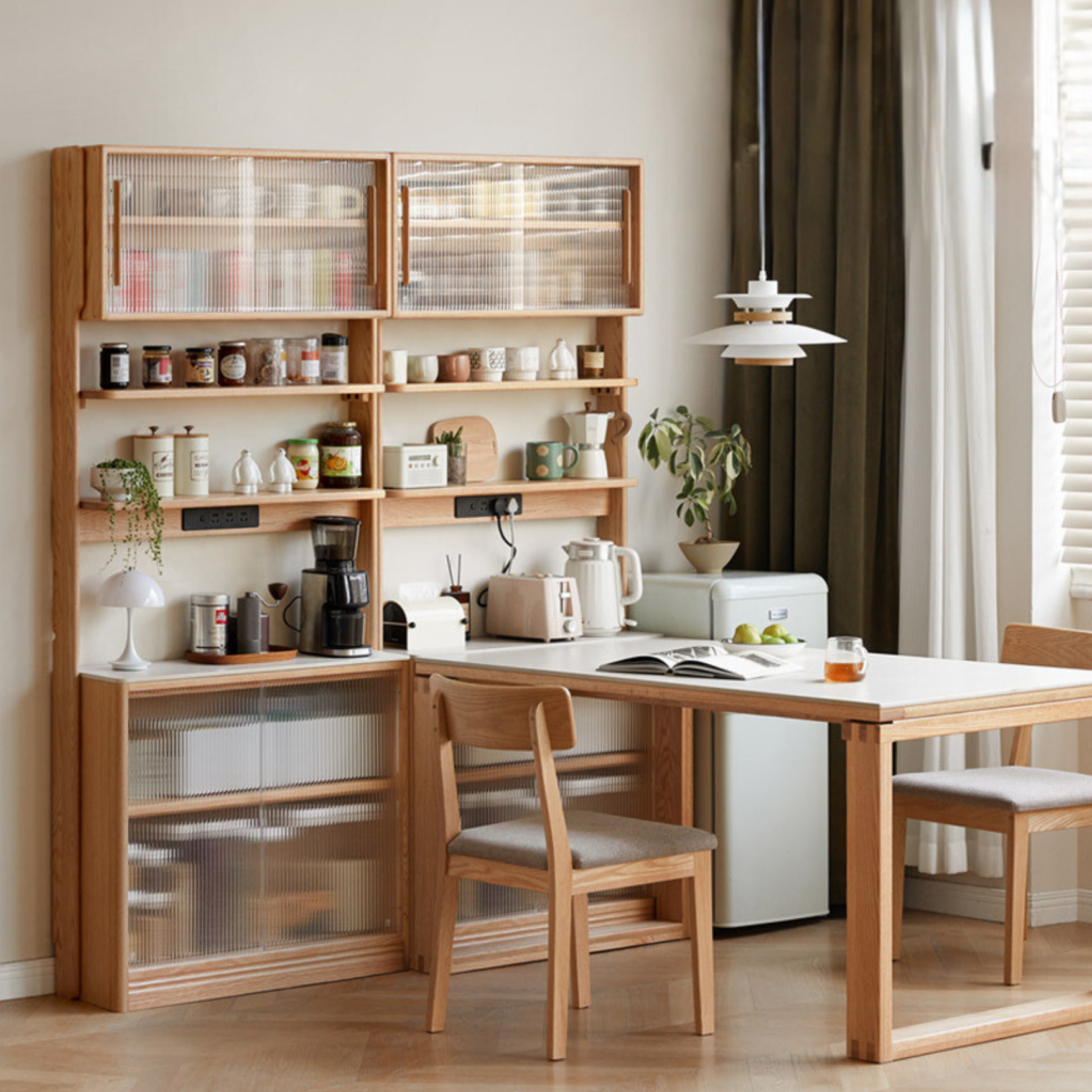 Oak, Solid RubberWood Rock Board Dining Sideboard Integrated Multifunctional Storage