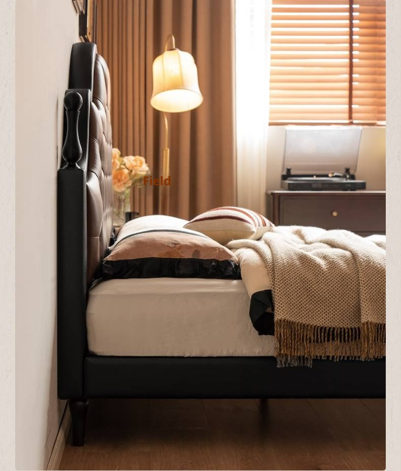 Genuine Leather Elegant Soft Backrest Bed, French Retro