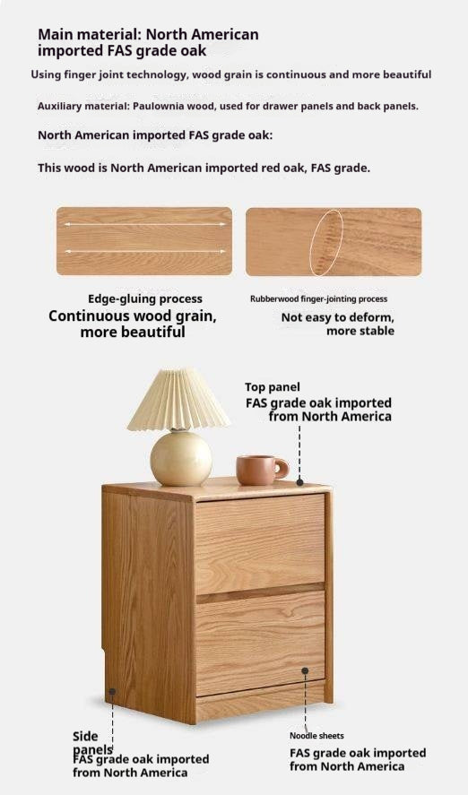 Oak Solid Wood, Solid Rubberwood Two Drawer Nightstand.