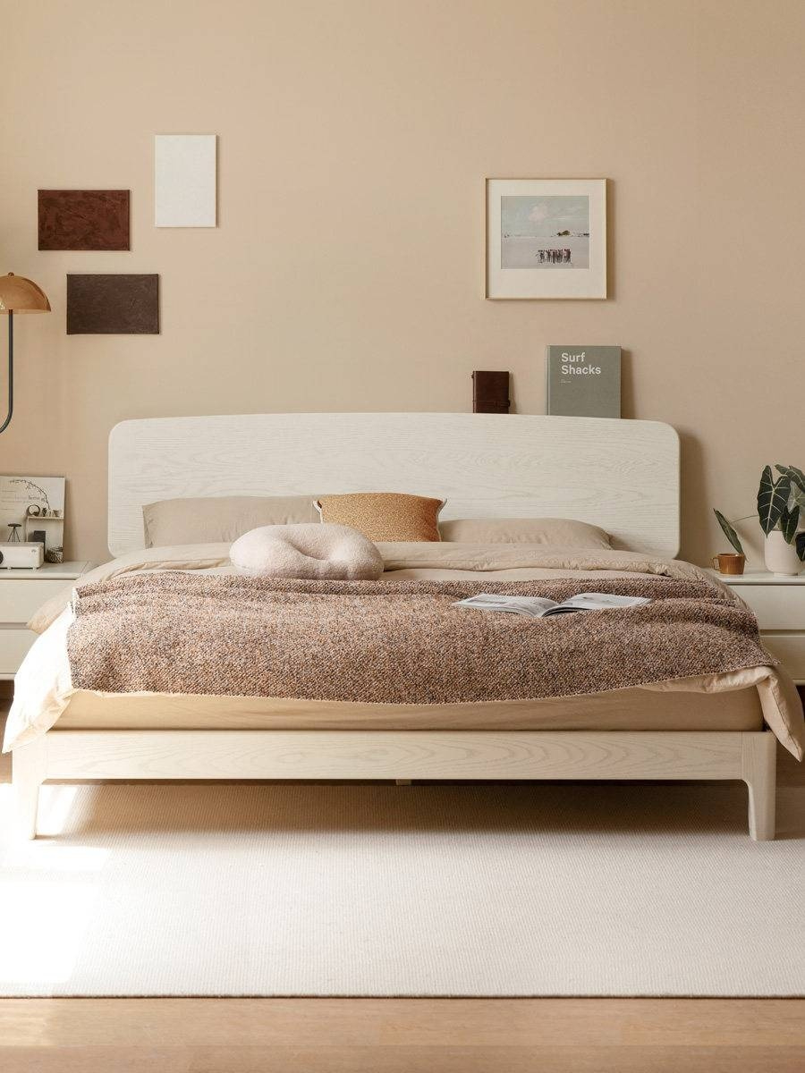 Oak Solid Wood Bed — Cream Style with Slanted Backrest
