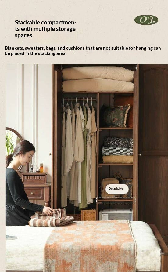 Black Walnut Solid Wood Wardrobe with American Retro Style and Light Luxury Finish