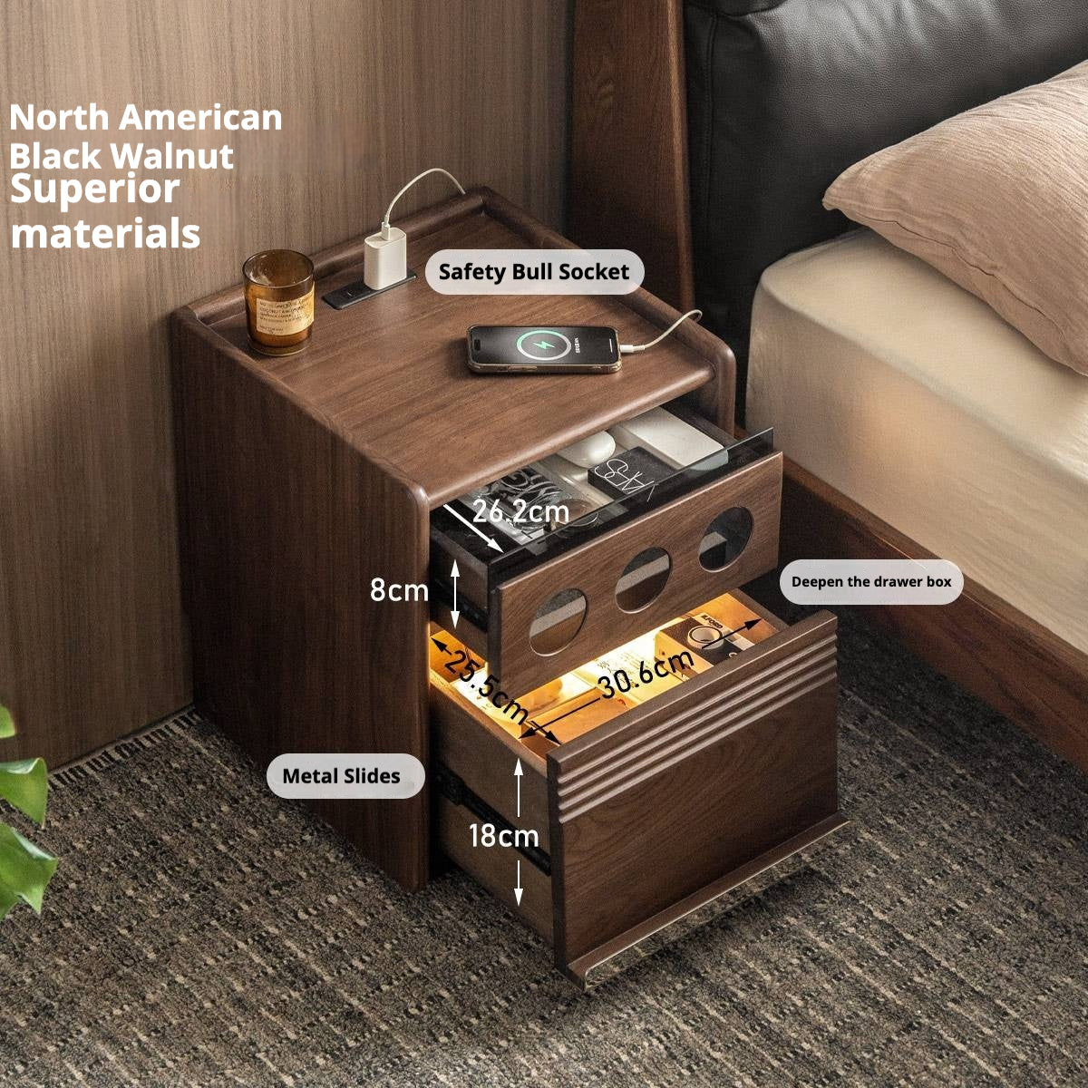 Black Walnut, Cherry, Ash, Sandalwood, Tulipwood Solid Wood Nightstand