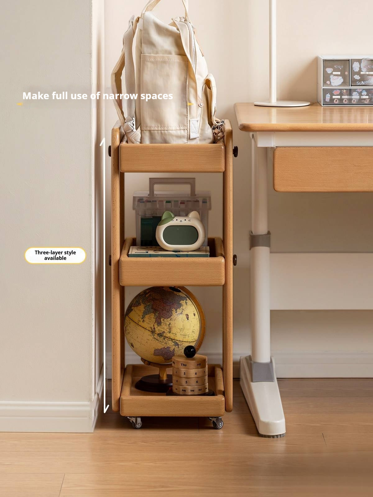 Beech Solid Wood, Solid RubberWood Kids Under-the-Table Mobile Modern Cabinet