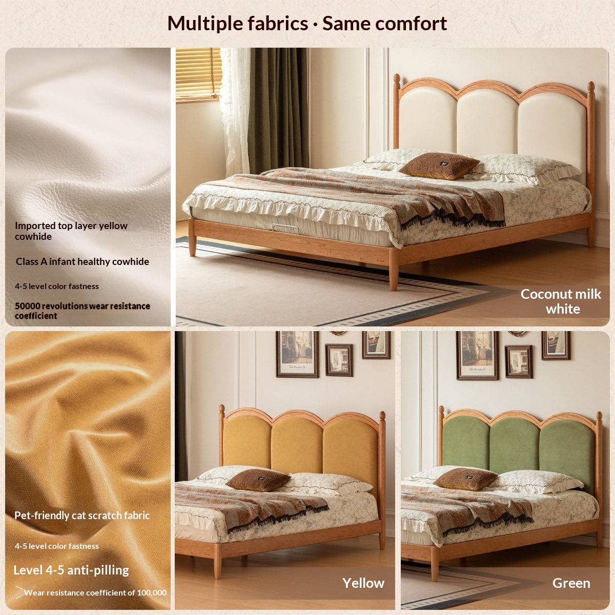 Cherry Wood Solid Wood French Country Bed with Scalloped Arch Panel Headboard