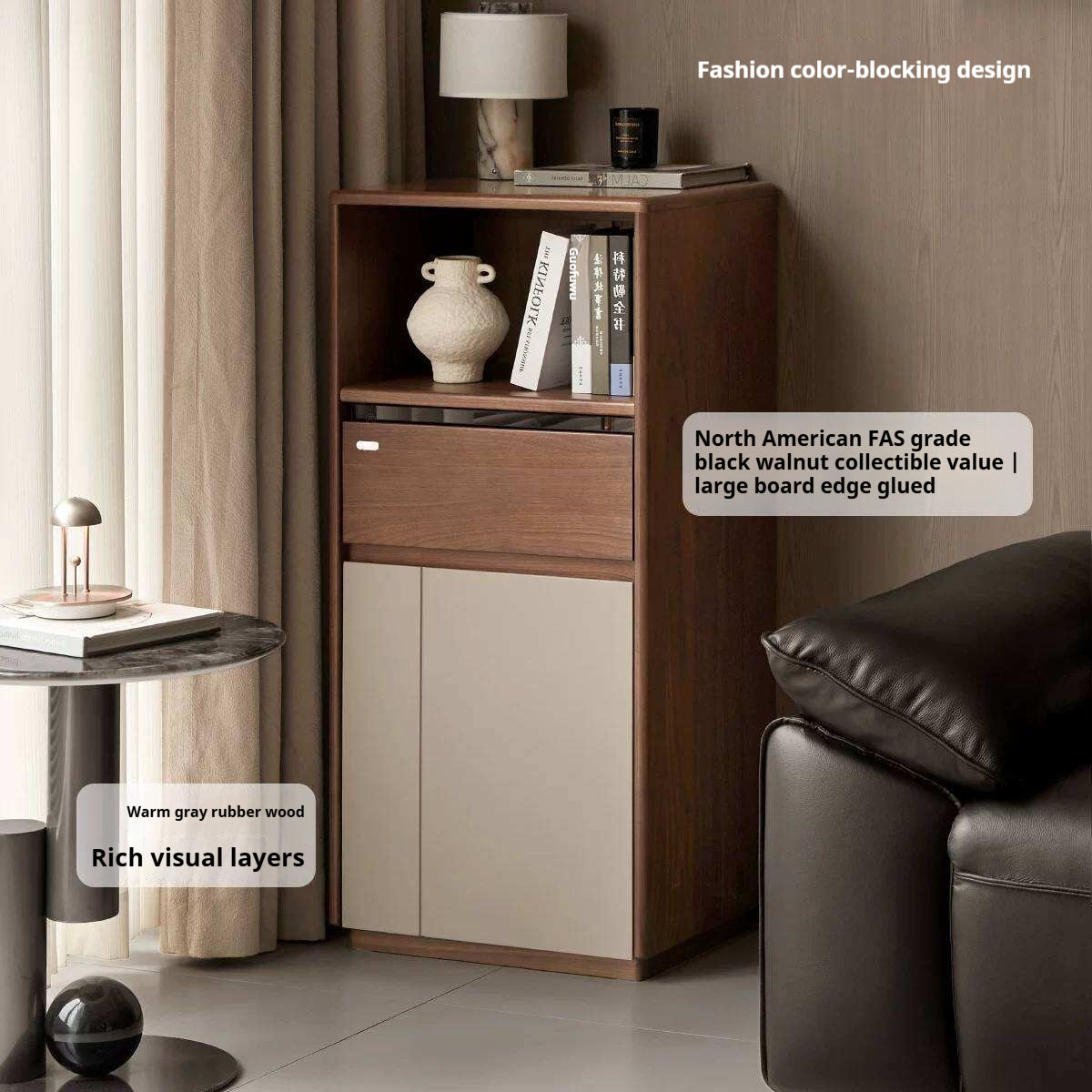 Black Walnut Solid Wood Accent side Cabinet with Mixed-Tone Finish
