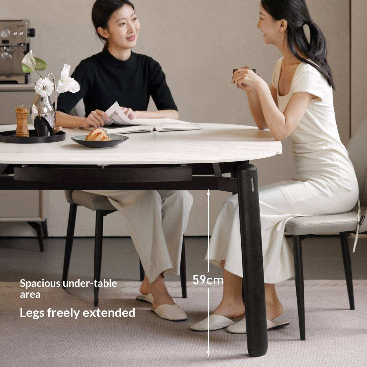Solid RubberWood Extendable Dining Table with Marble-Look Stone Top and Rounded Corners