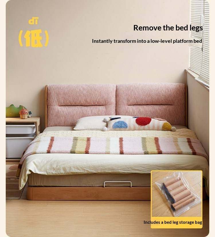 Beech Solid Wood Adjustable Height Kids Bed with Upholstered Segmented Headboard