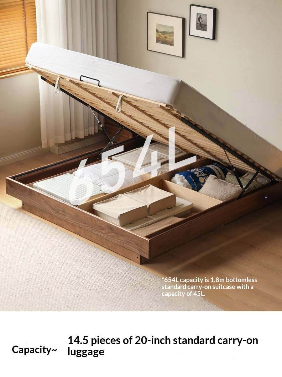 Black Walnut Solid Wood Platform Box Bed, Headboard-Free Bed Night Light Suspended Bed