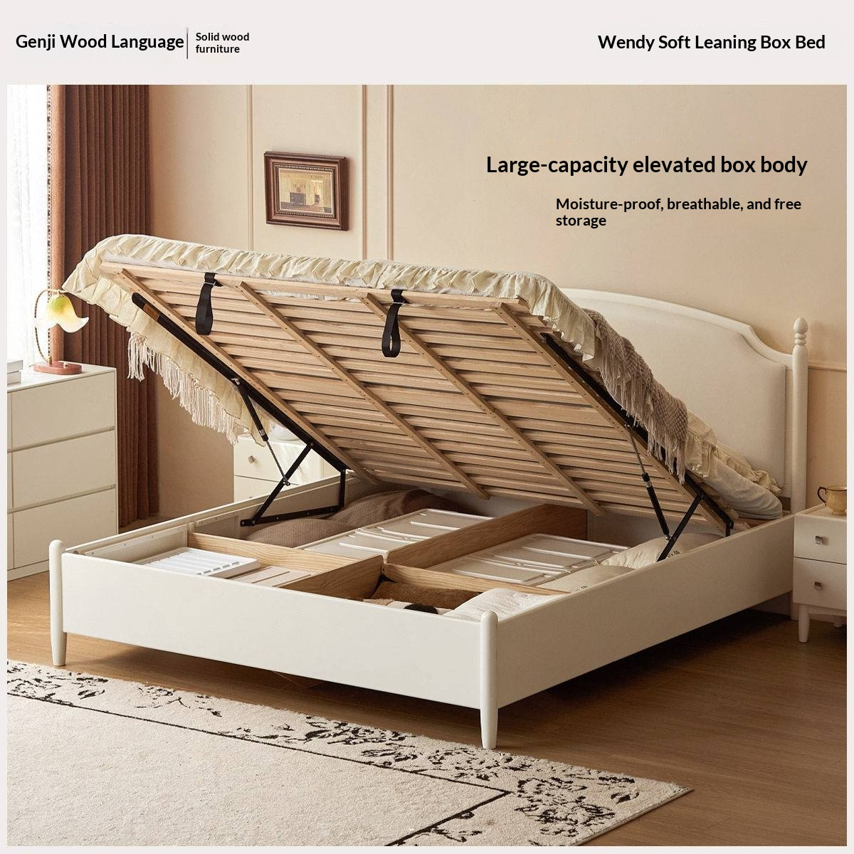 Rubberwood Solid Wood French Cream Storage Bed with Upholstered Headboard