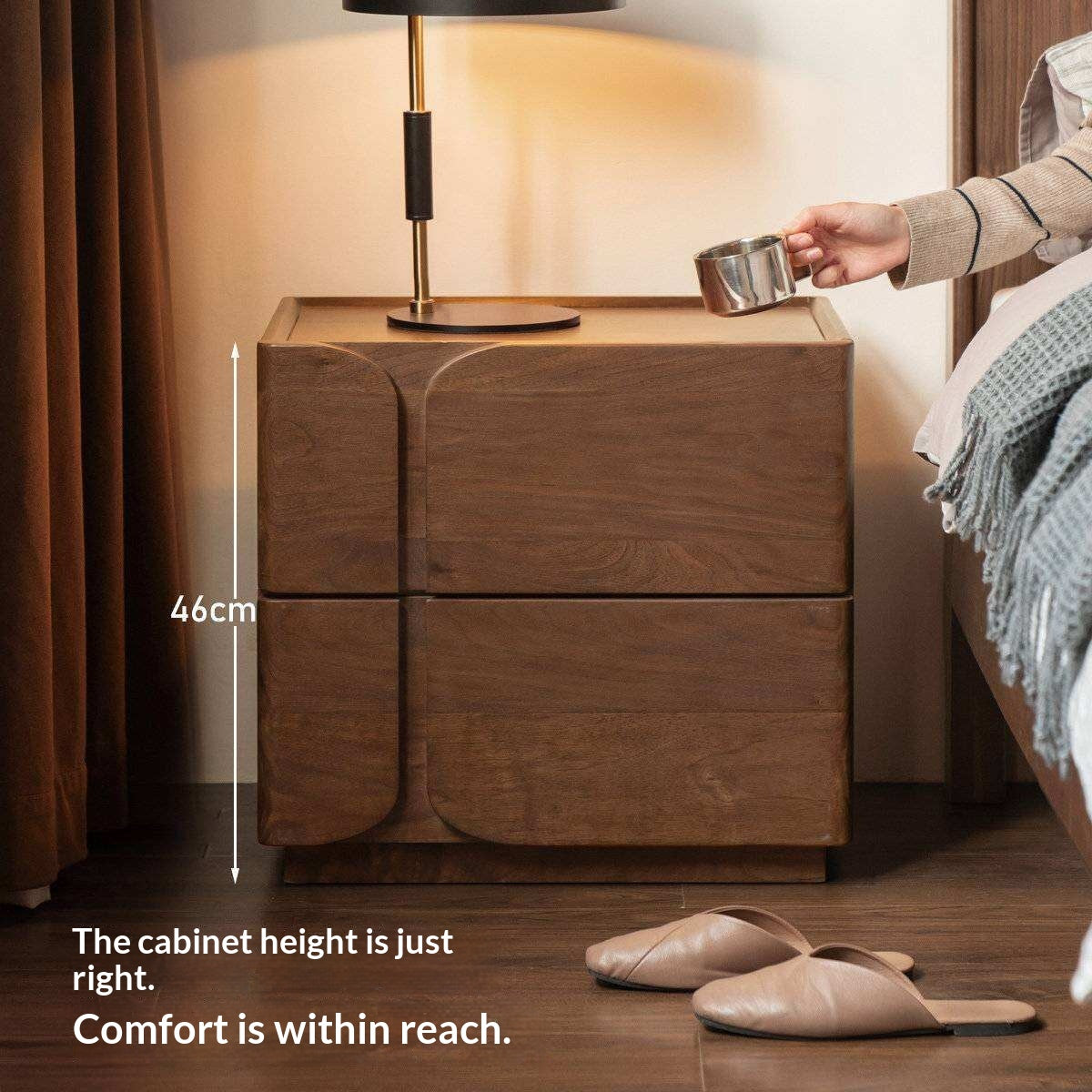 Black Walnut Solid Wood Nightstand with Light Luxury Storage Cabinet