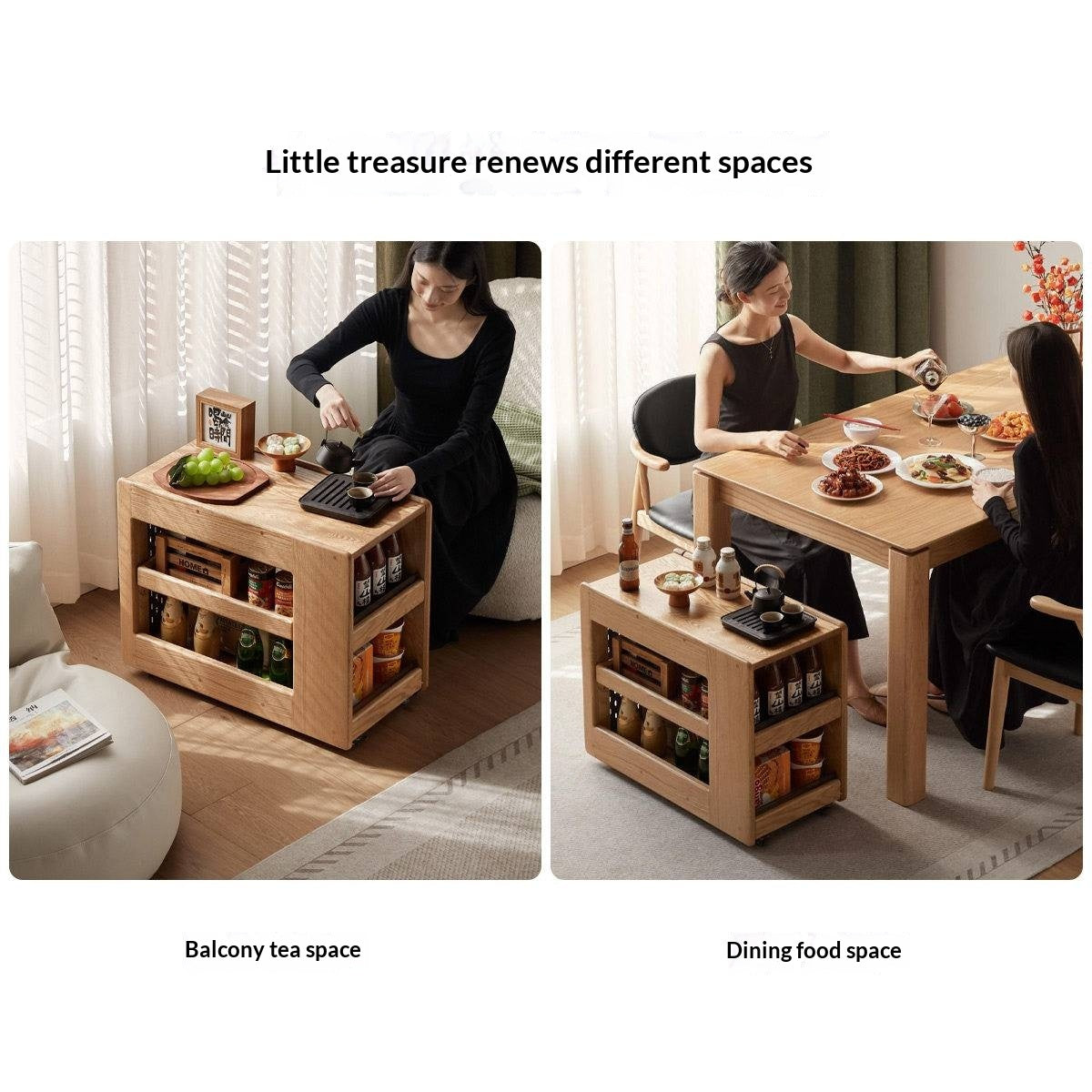 Oak Solid Wood Side Table with Mobile Trolley and Storage Functionality