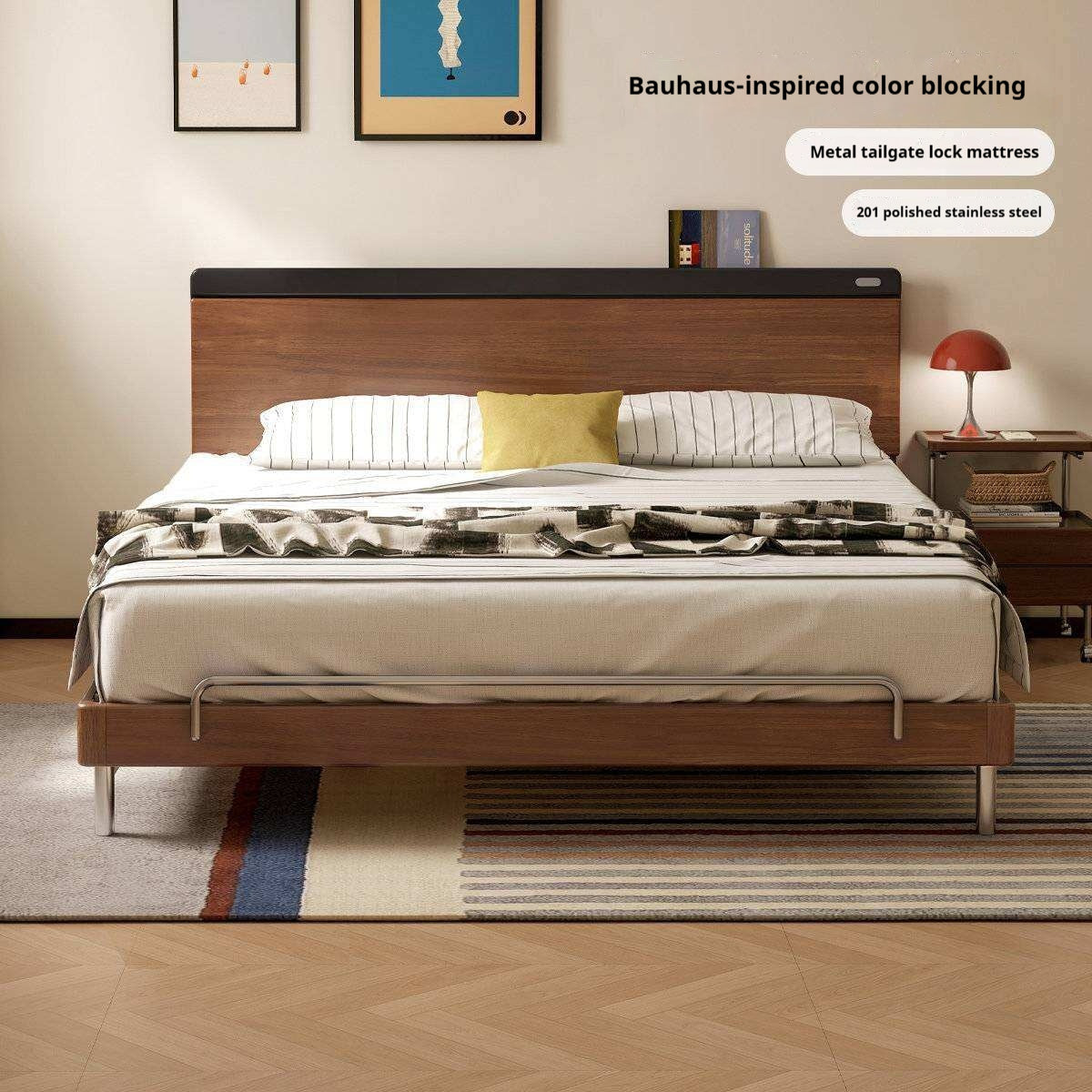 Rubberwood Solid Wood Platform Bed with Metal Legs and Two-Tone Headboard
