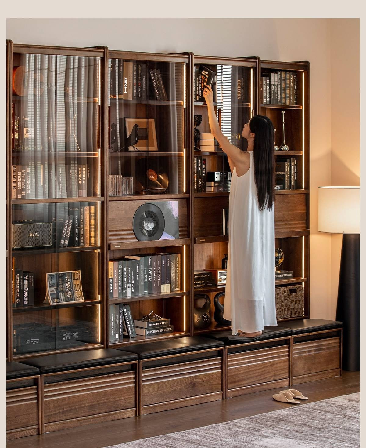 Black Walnut, Ash Solid Wood Combination Bookcase with Floor Display and Luxury Storage