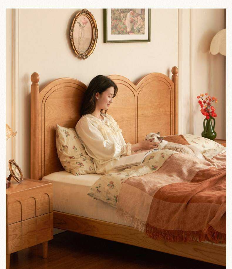 Cherry Solid Wood French Country Arched Platform Bed with Spindle Legs