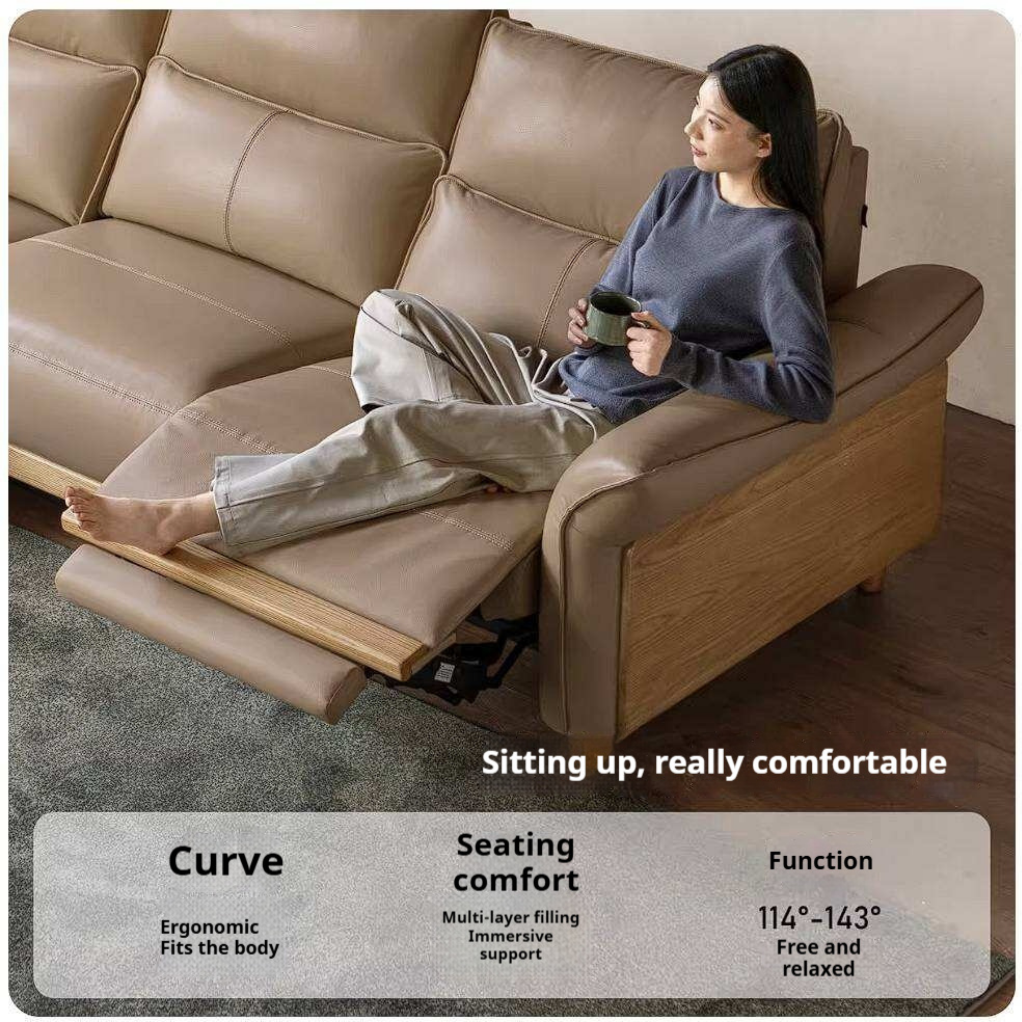 Ash Solid Wood Genuine Leather Modern Electric Reclining Sofa