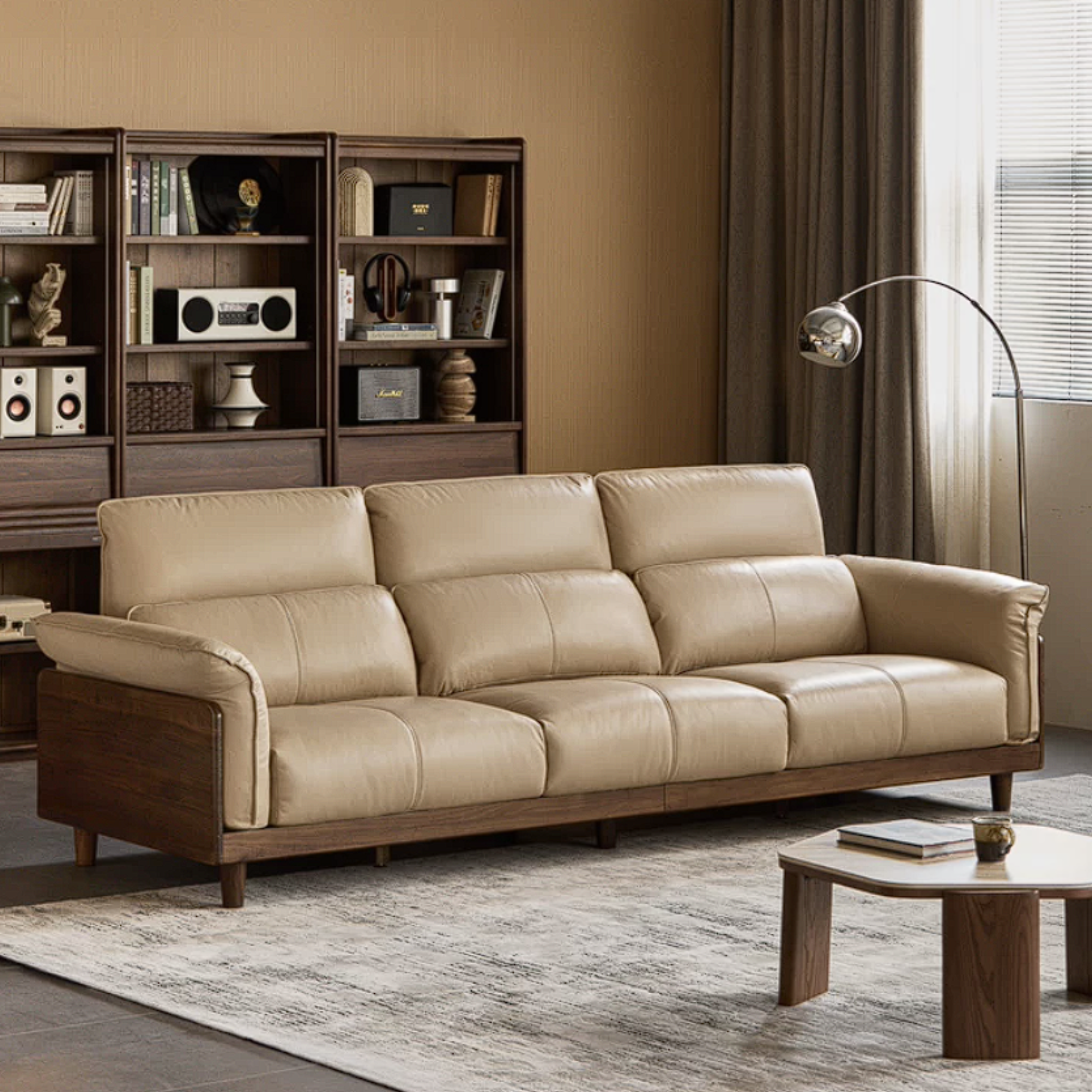 Black Walnut, Ash, Golden Sandalwood Solid Wood Genuine Top-Grain Leather, fabric High back Sofa