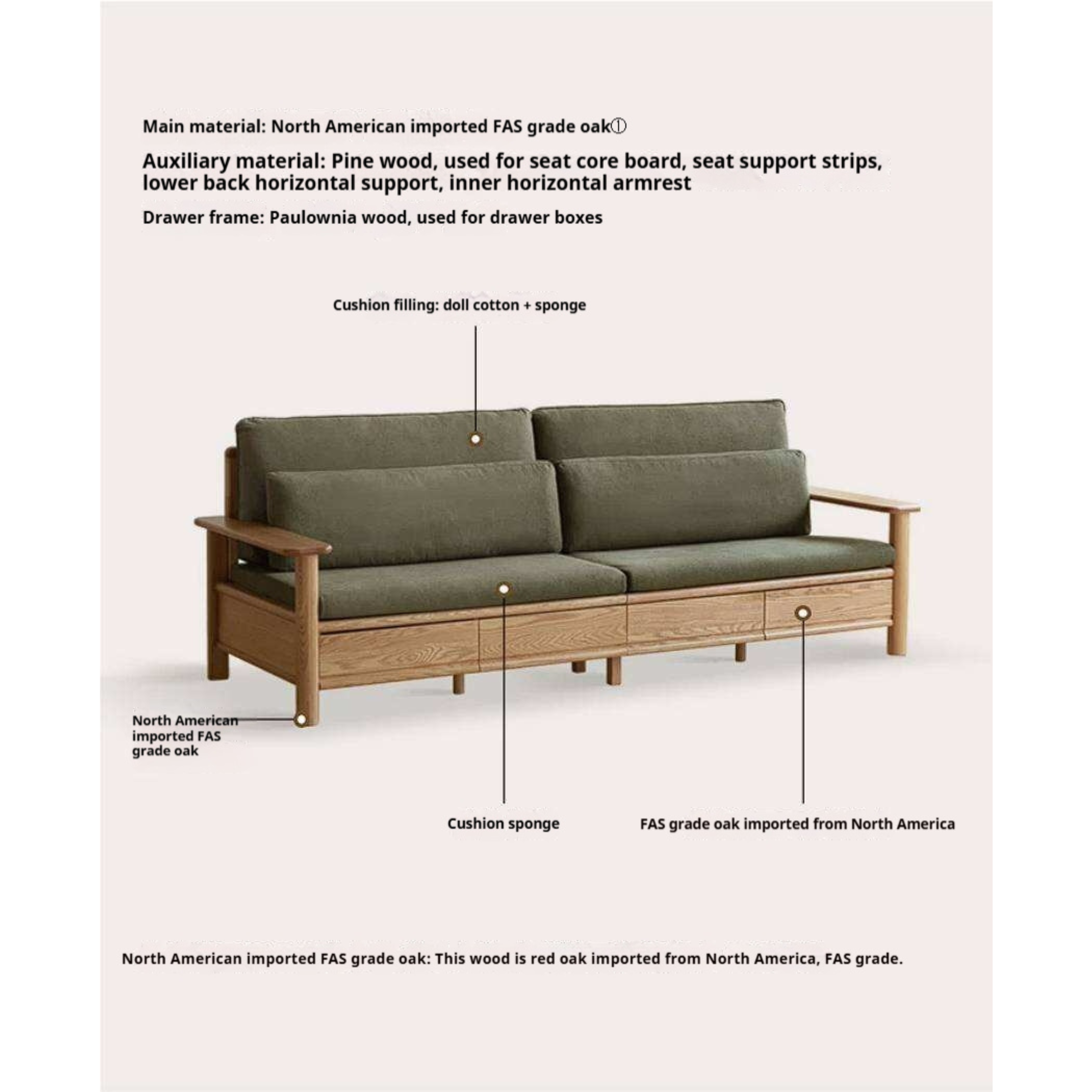 Oak Solid Wood Sofa Bed with Storage Drawers
