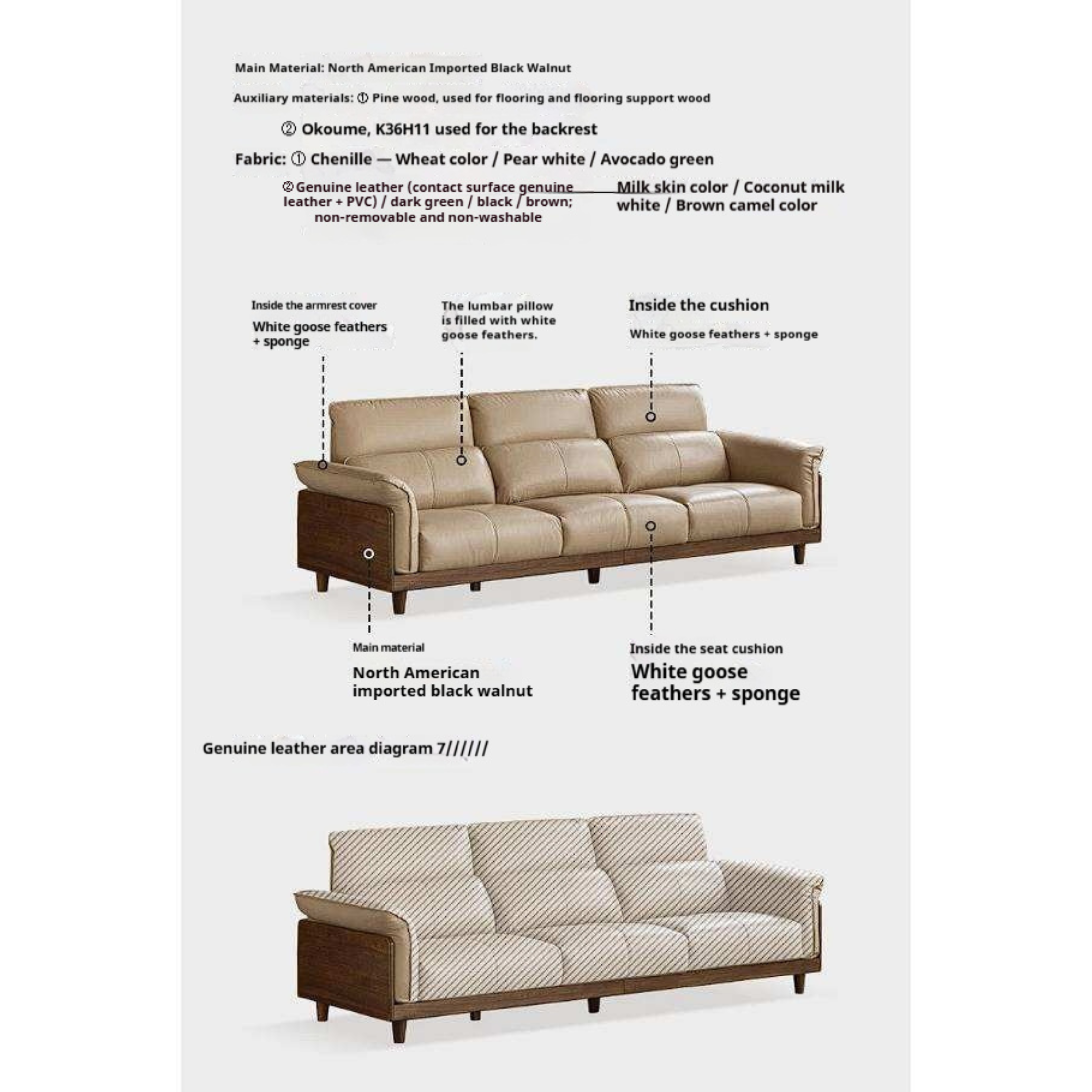 Black Walnut, Ash, Golden Sandalwood Solid Wood Genuine Top-Grain Leather, fabric High back Sofa