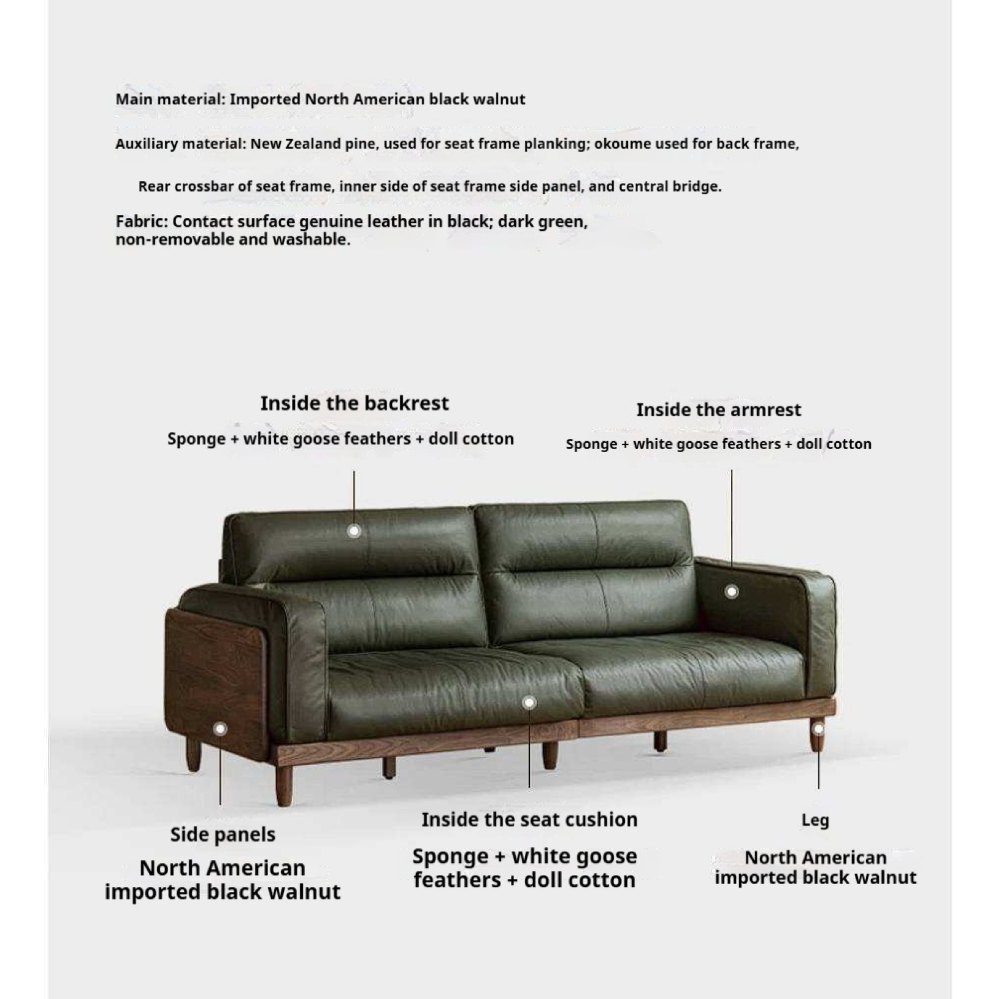 Black Walnut Solid Wood Sofa with Italian Light Luxury Design