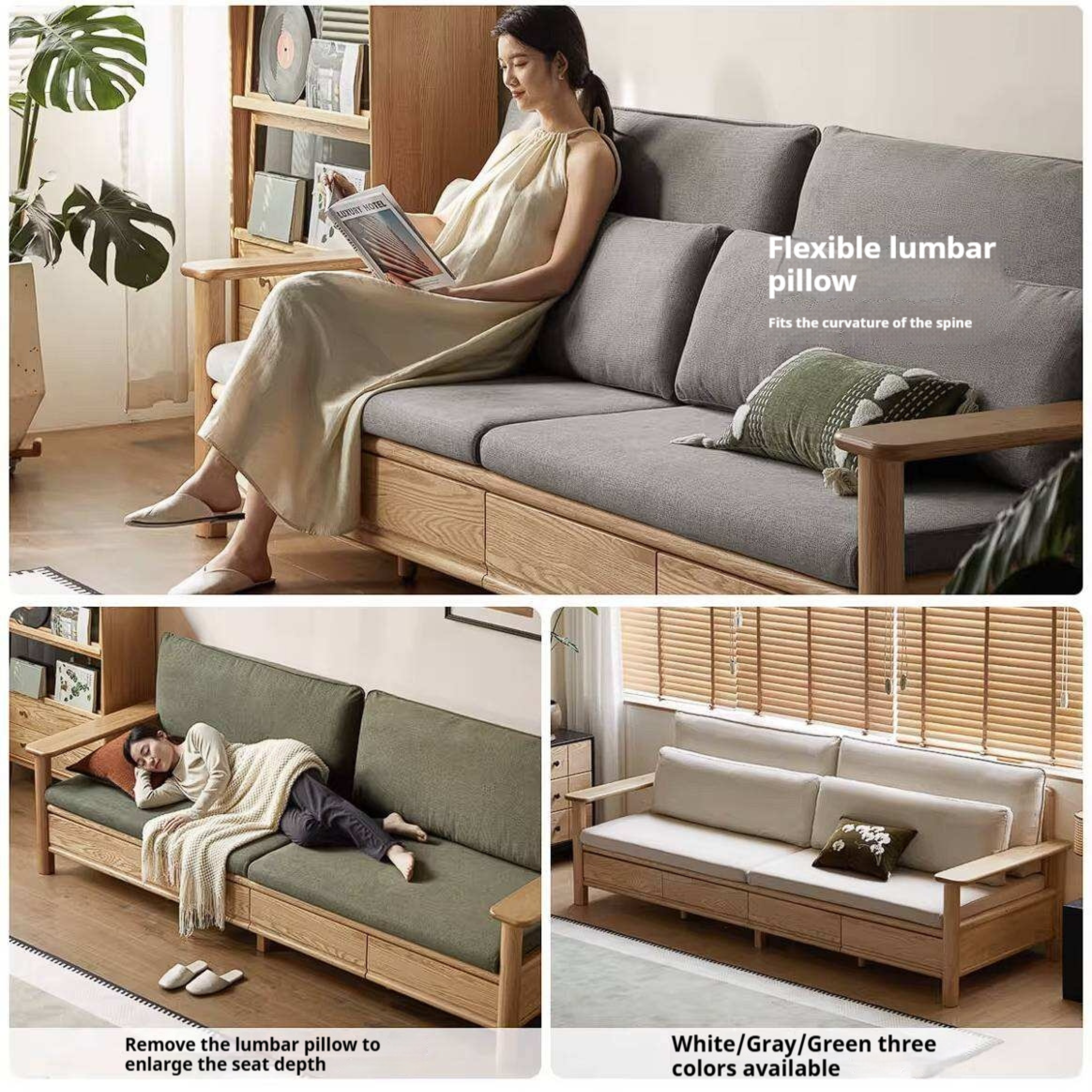 Oak Solid Wood Sofa Bed with Storage Drawers