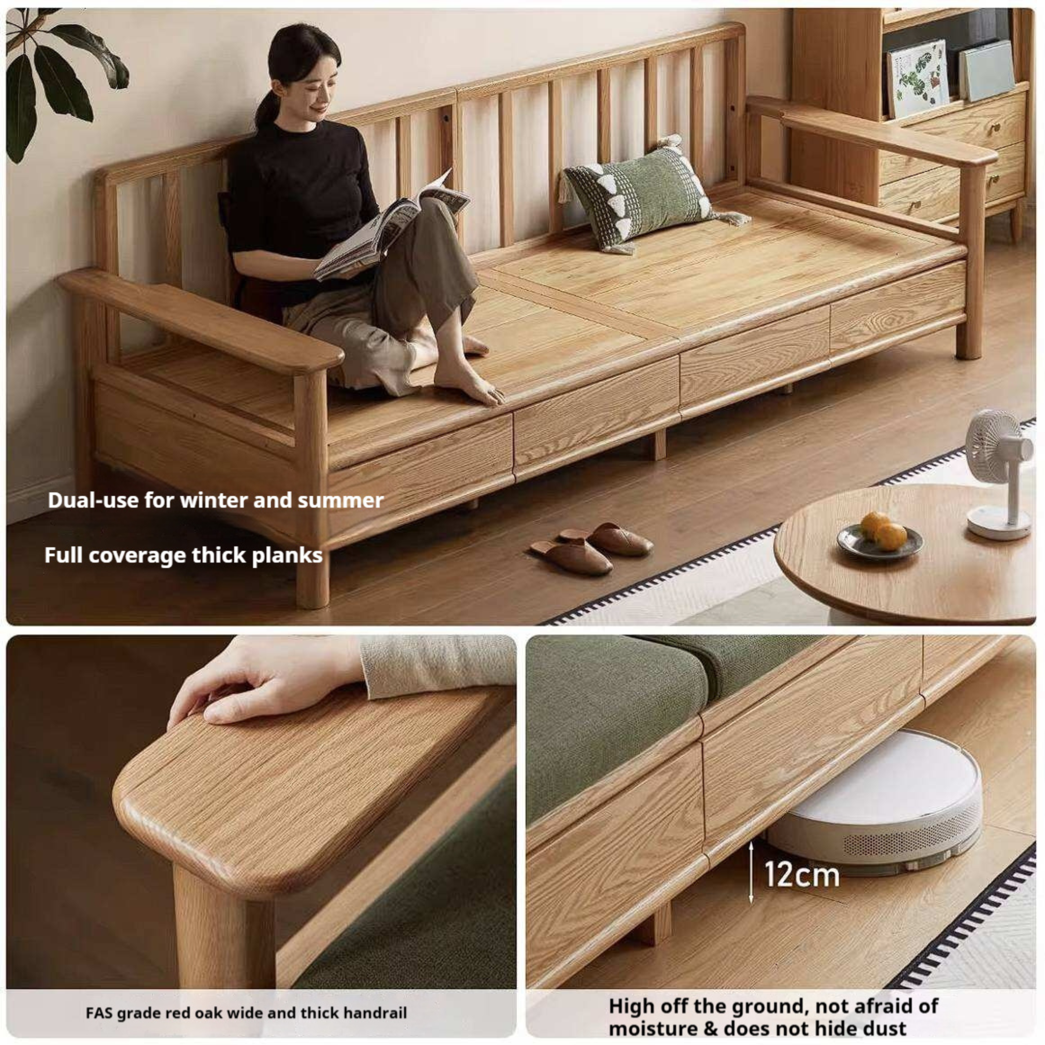 Oak Solid Wood Sofa Bed with Storage Drawers