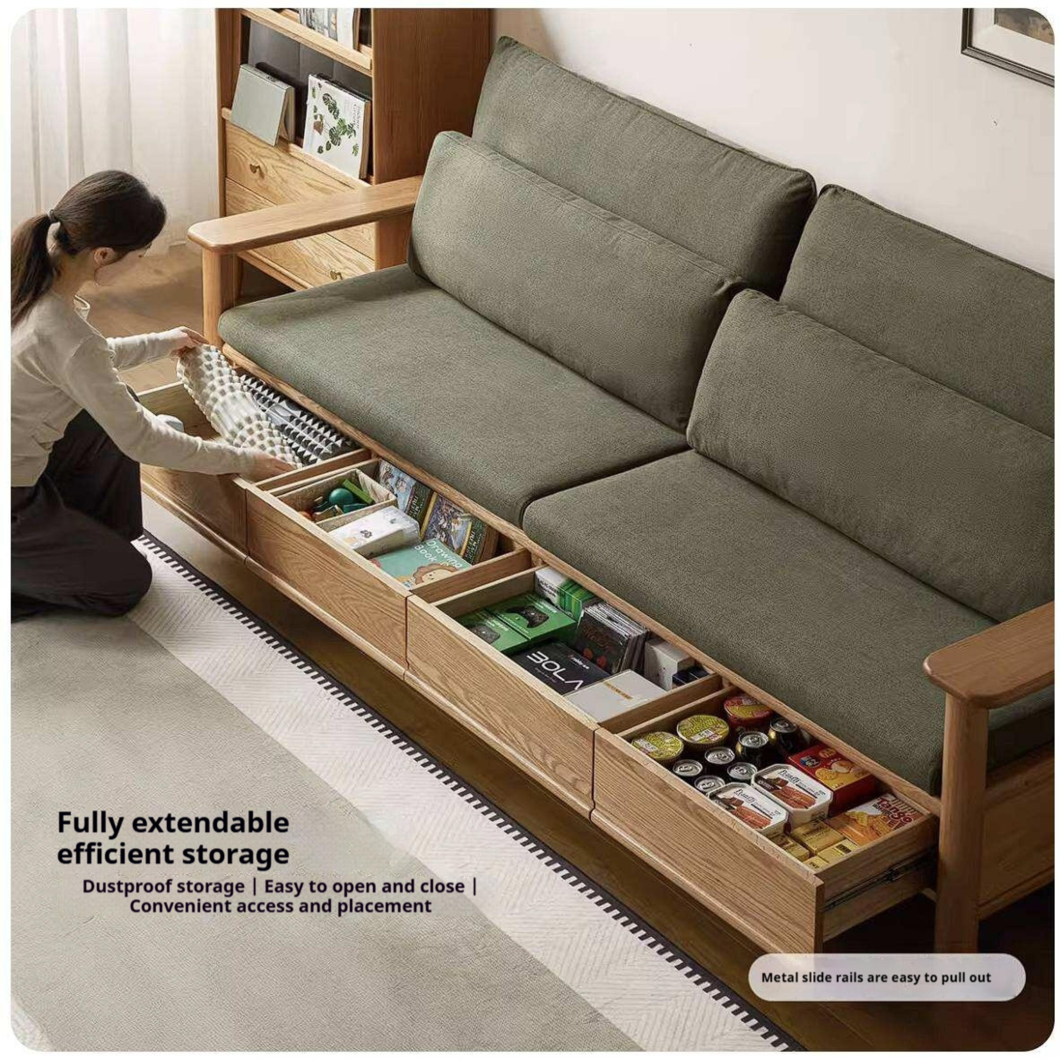 Oak Solid Wood Sofa Bed with Storage Drawers