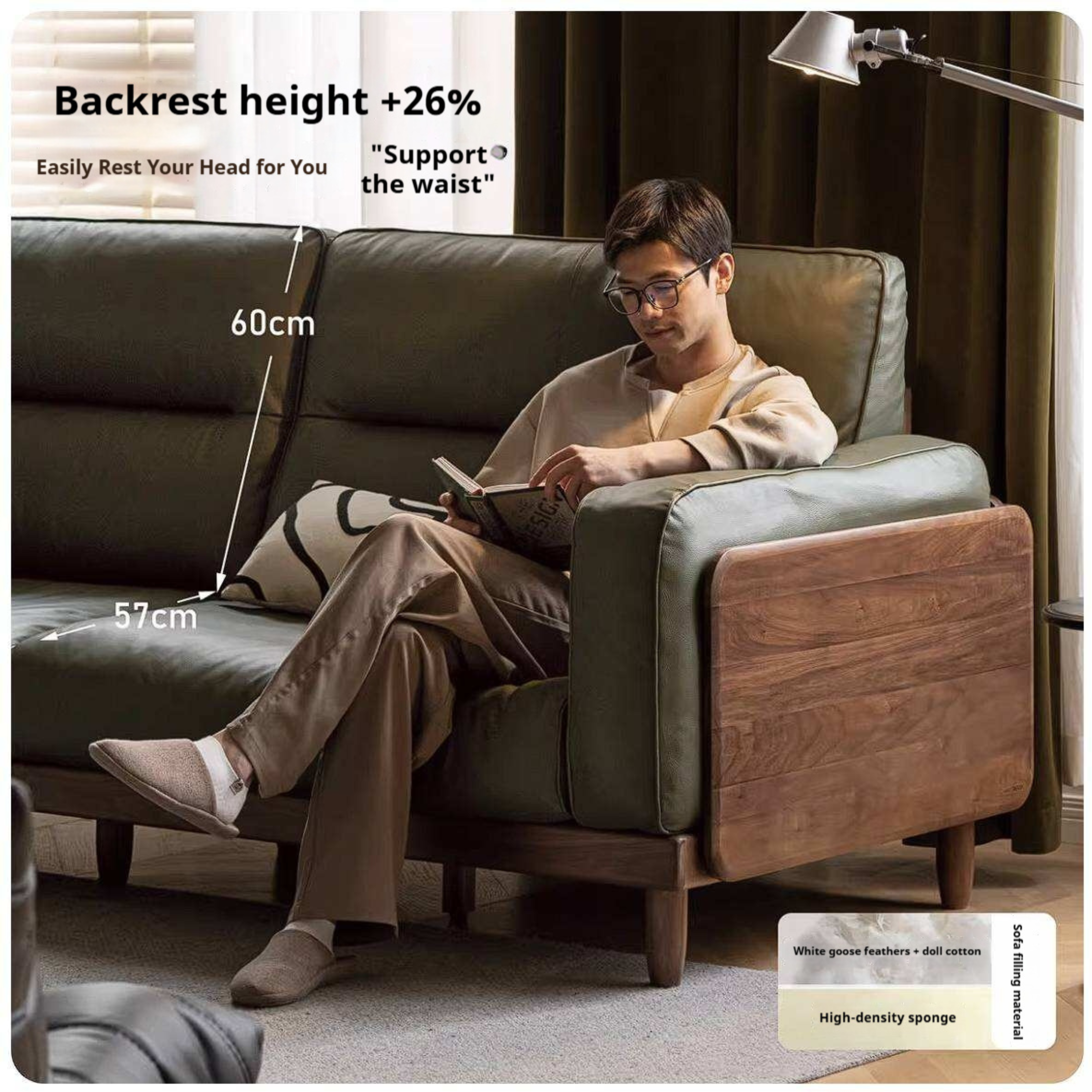 Black Walnut Solid Wood Sofa with Italian Light Luxury Design