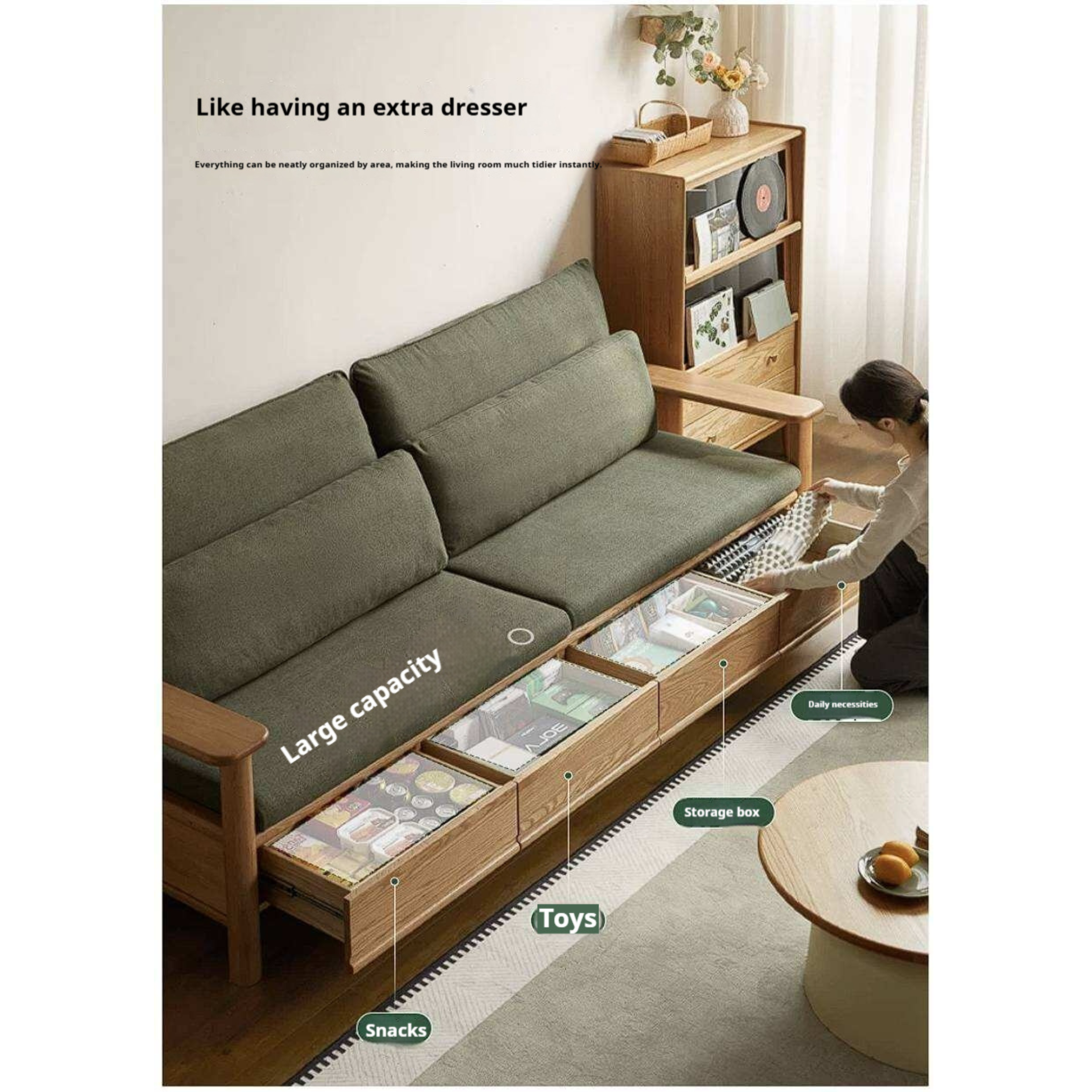 Oak Solid Wood Sofa Bed with Storage Drawers