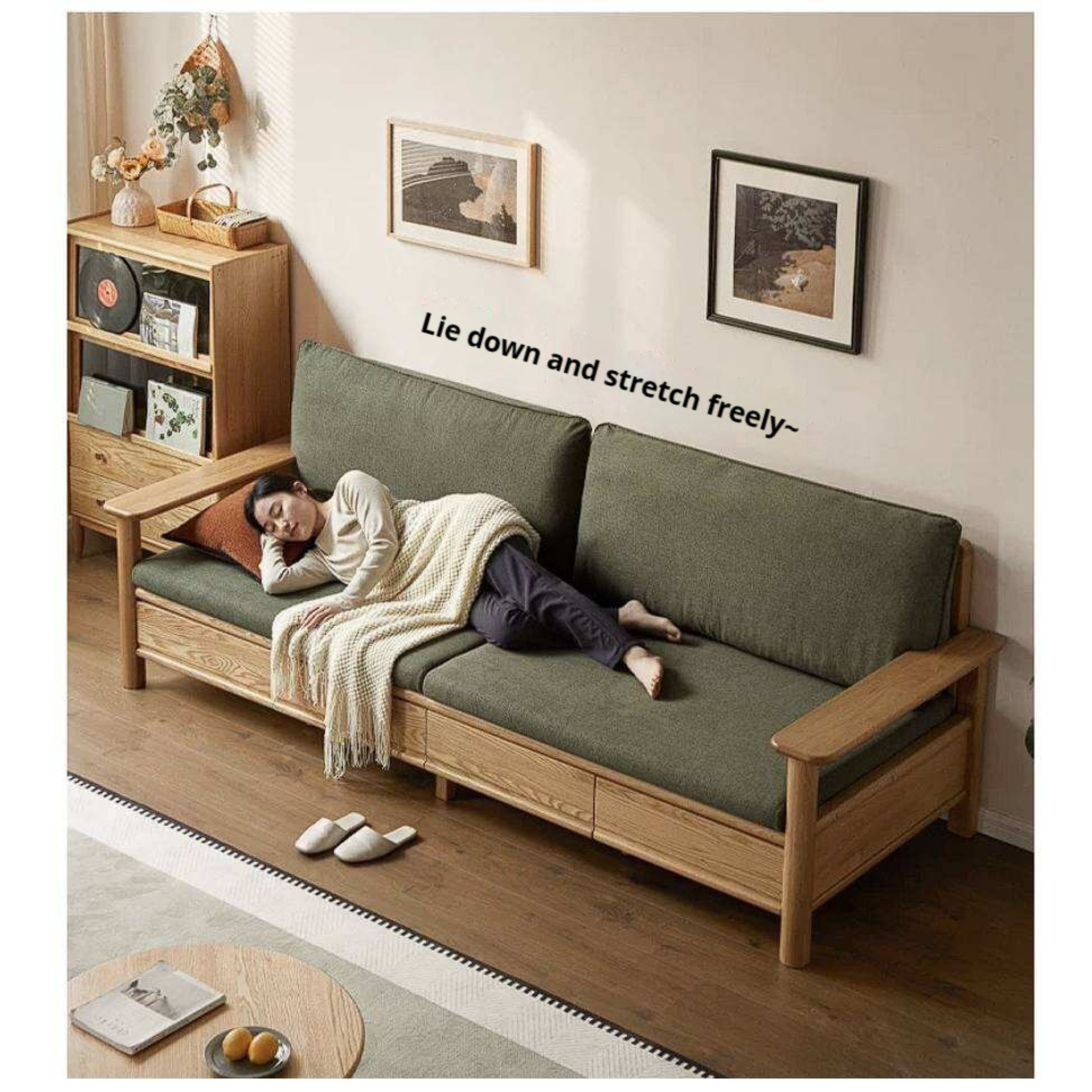 Oak Solid Wood Sofa Bed with Storage Drawers