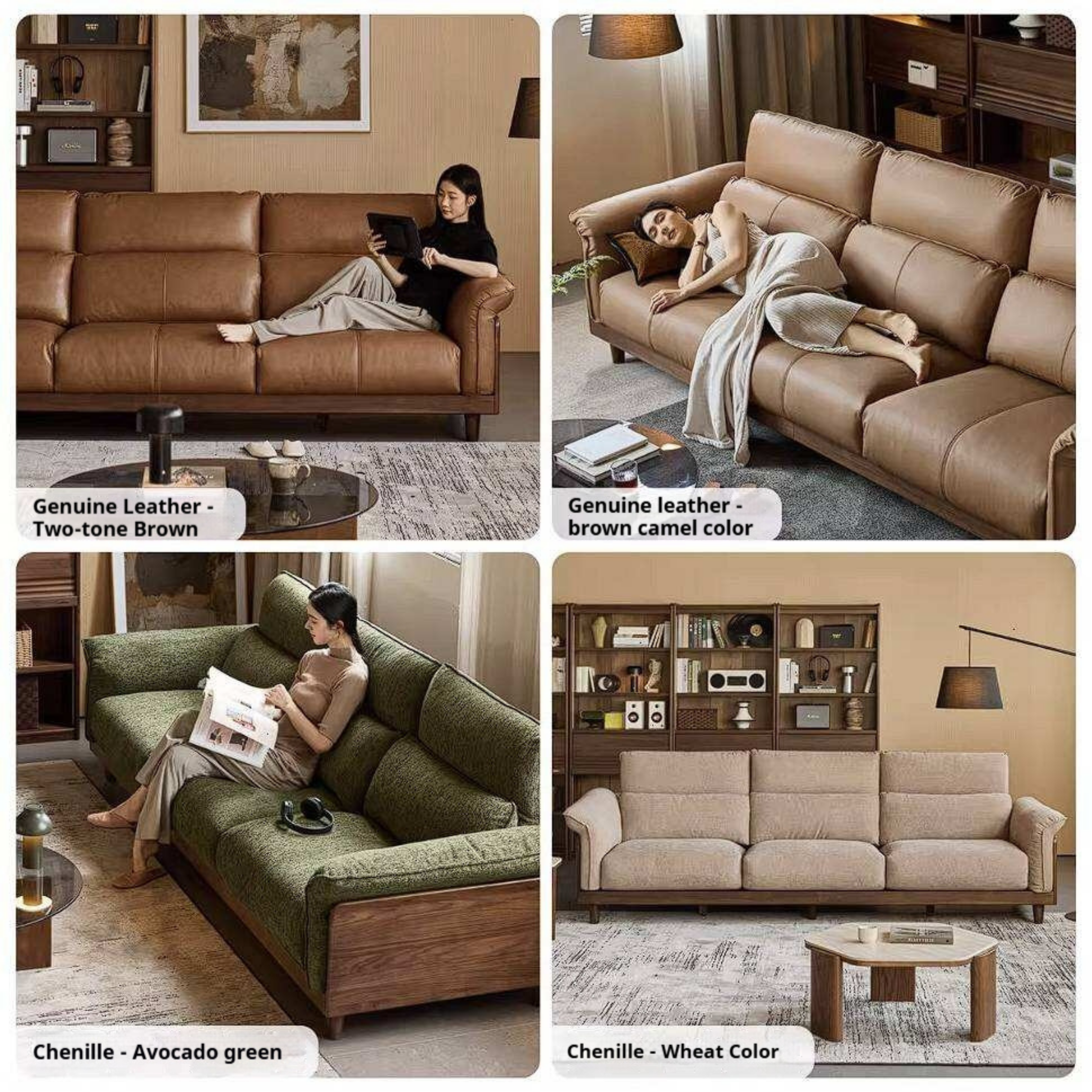 Black Walnut, Ash, Golden Sandalwood Solid Wood Genuine Top-Grain Leather, fabric High back Sofa