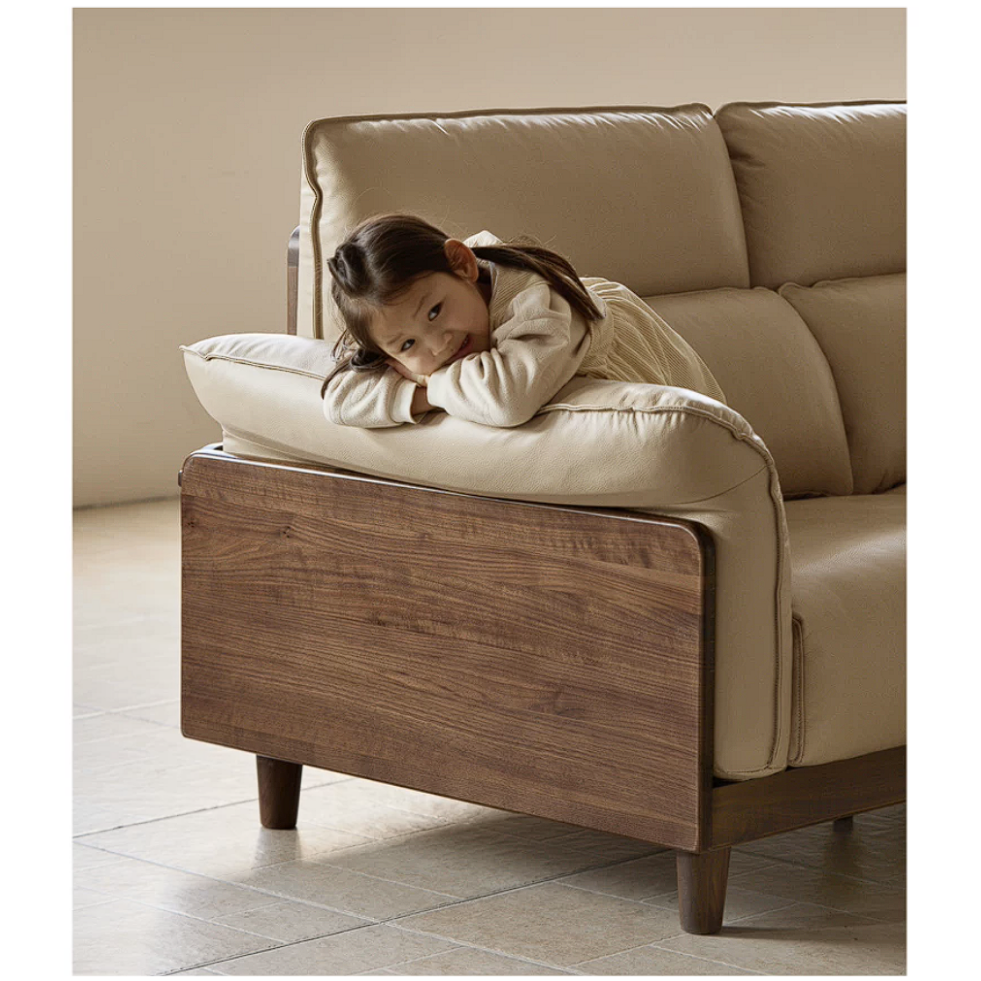 Black Walnut, Ash, Golden Sandalwood Solid Wood Genuine Top-Grain Leather, fabric High back Sofa
