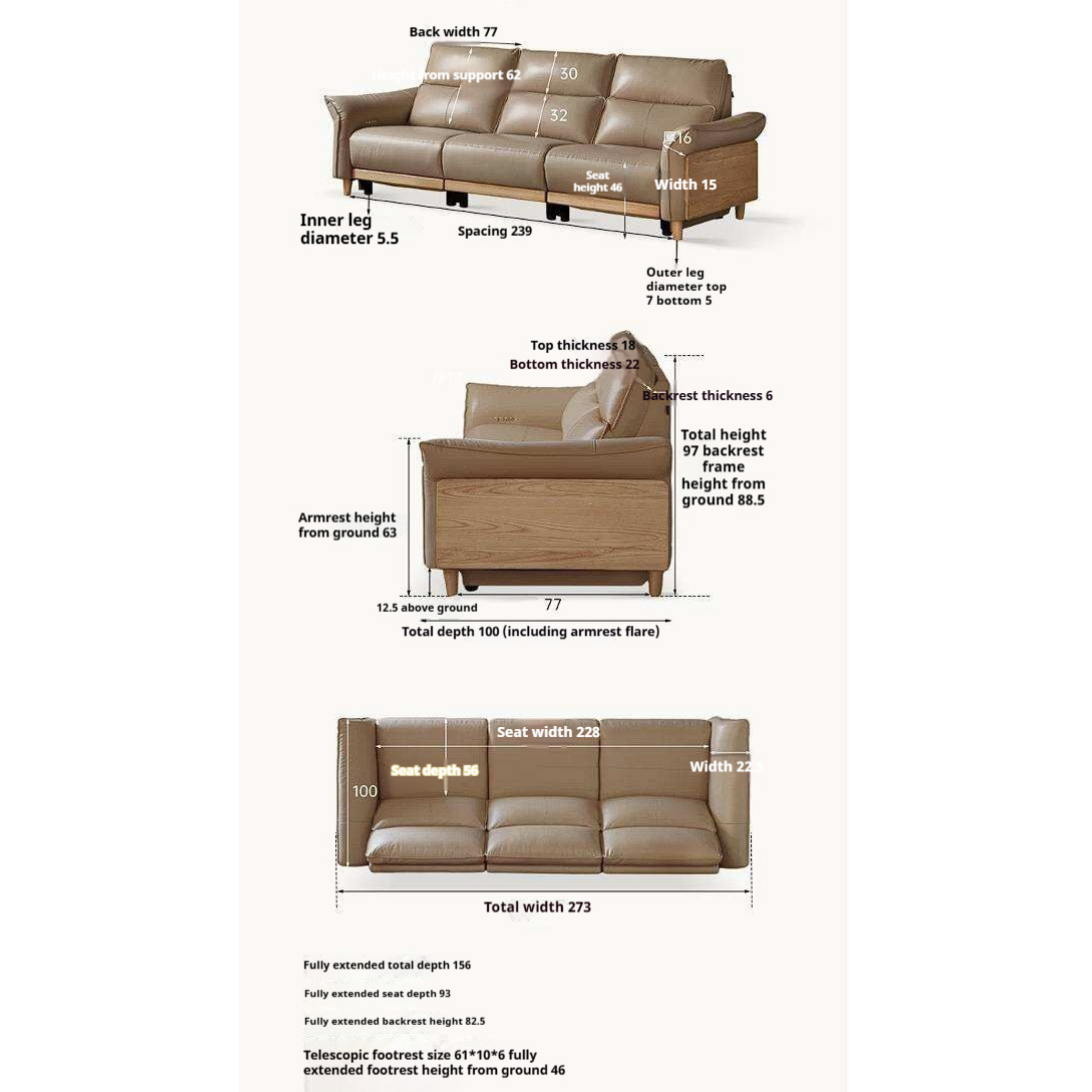 Ash Solid Wood Genuine Leather Modern Electric Reclining Sofa