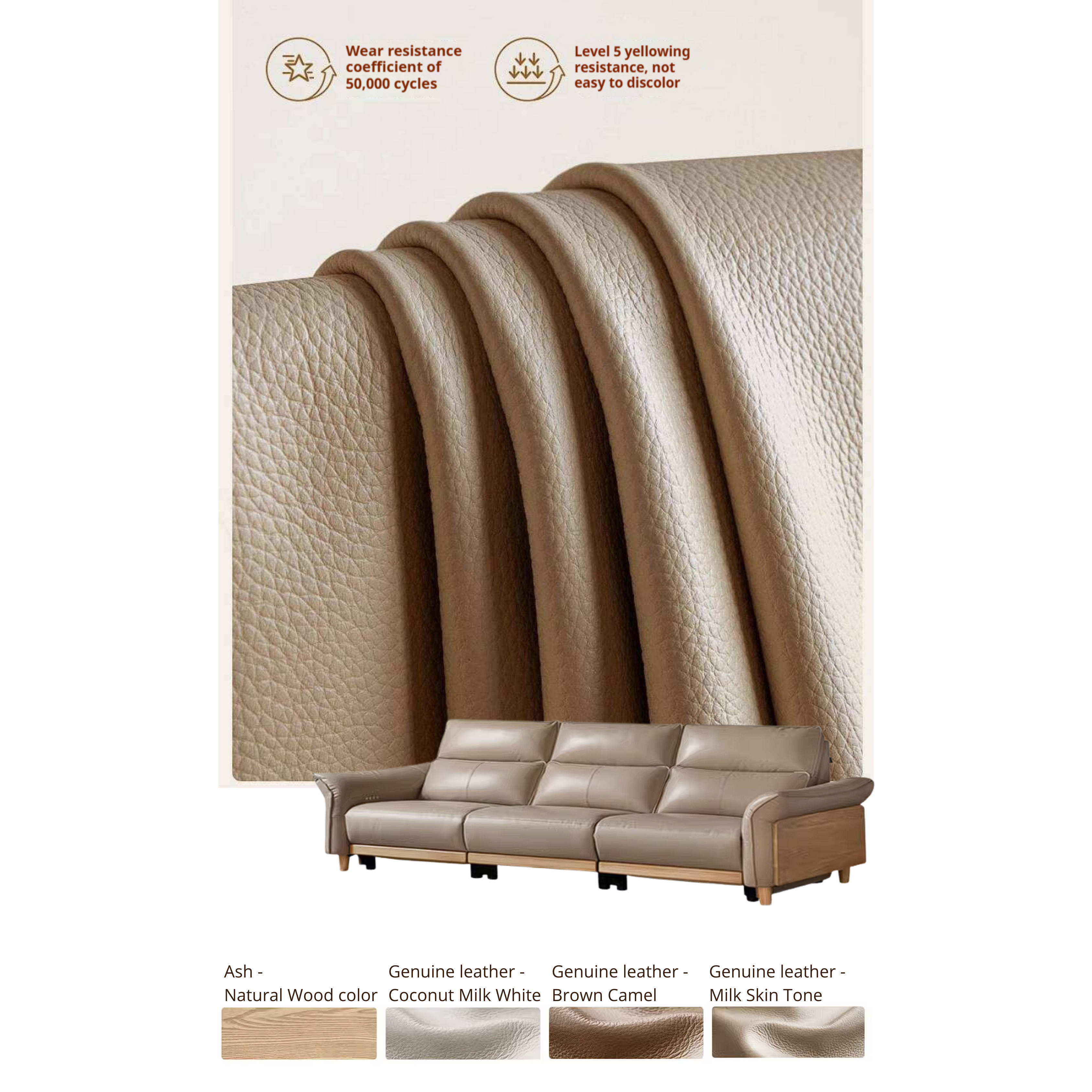 Ash Solid Wood Genuine Leather Modern Electric Reclining Sofa
