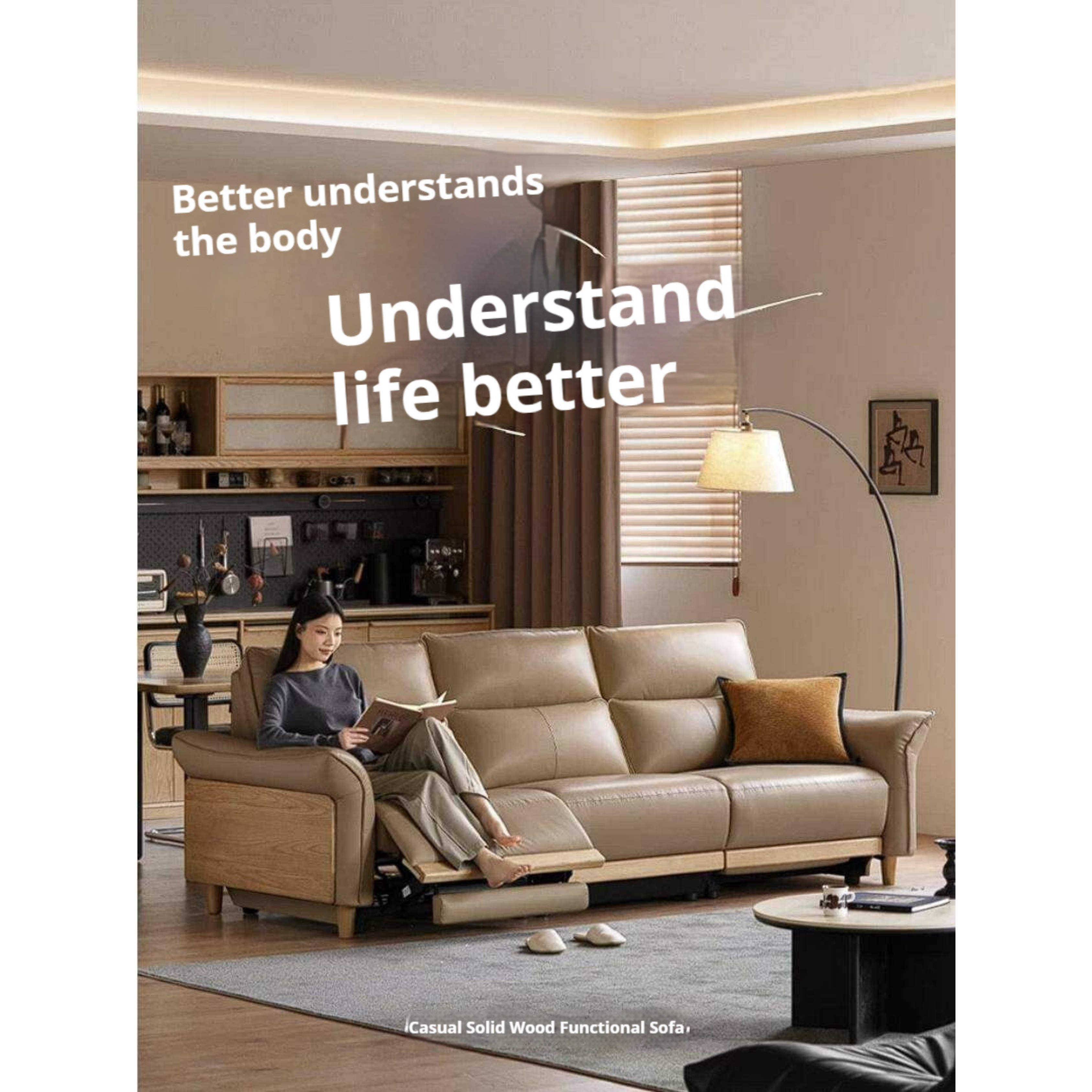 Ash Solid Wood Genuine Leather Modern Electric Reclining Sofa