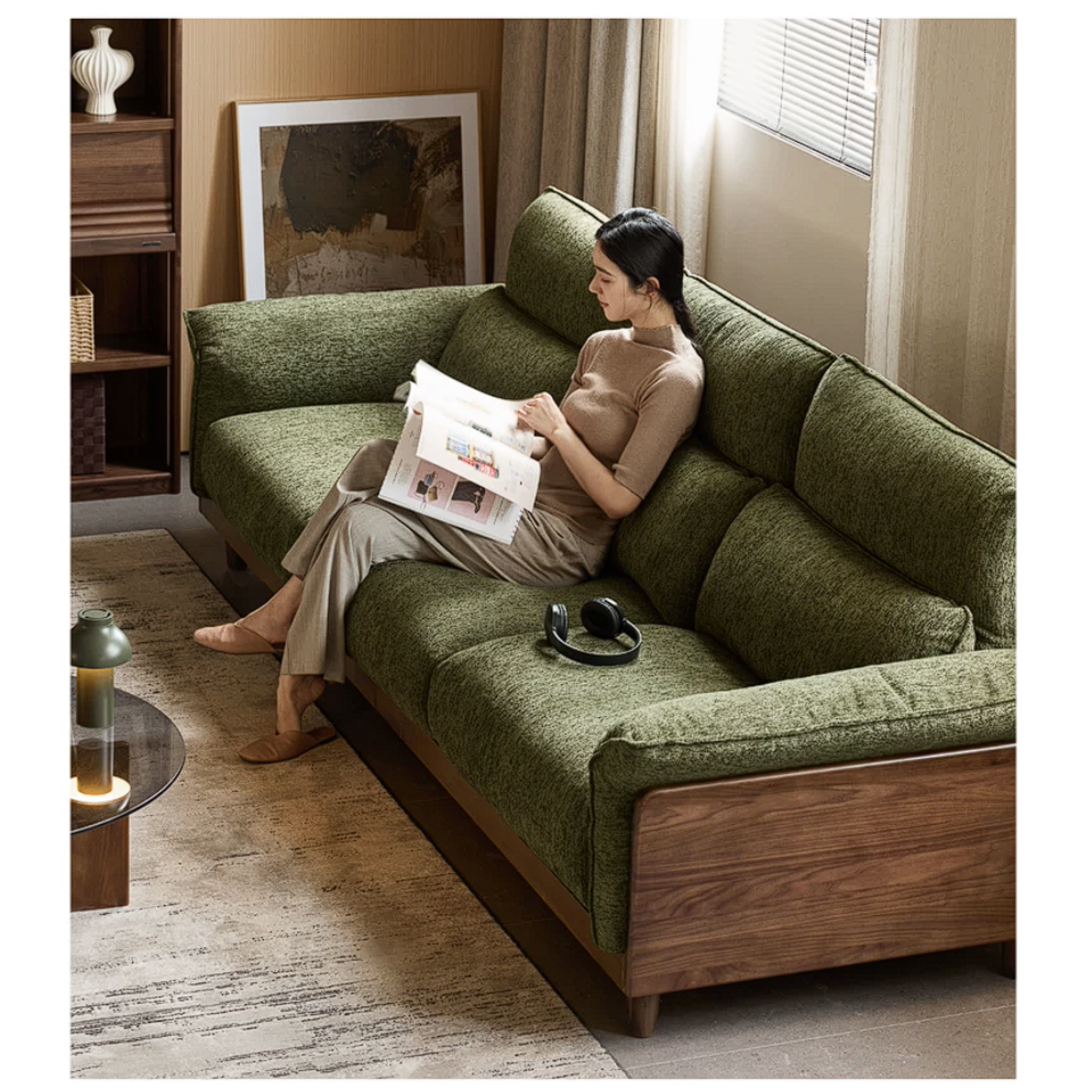 Black Walnut, Ash, Golden Sandalwood Solid Wood Genuine Top-Grain Leather, fabric High back Sofa