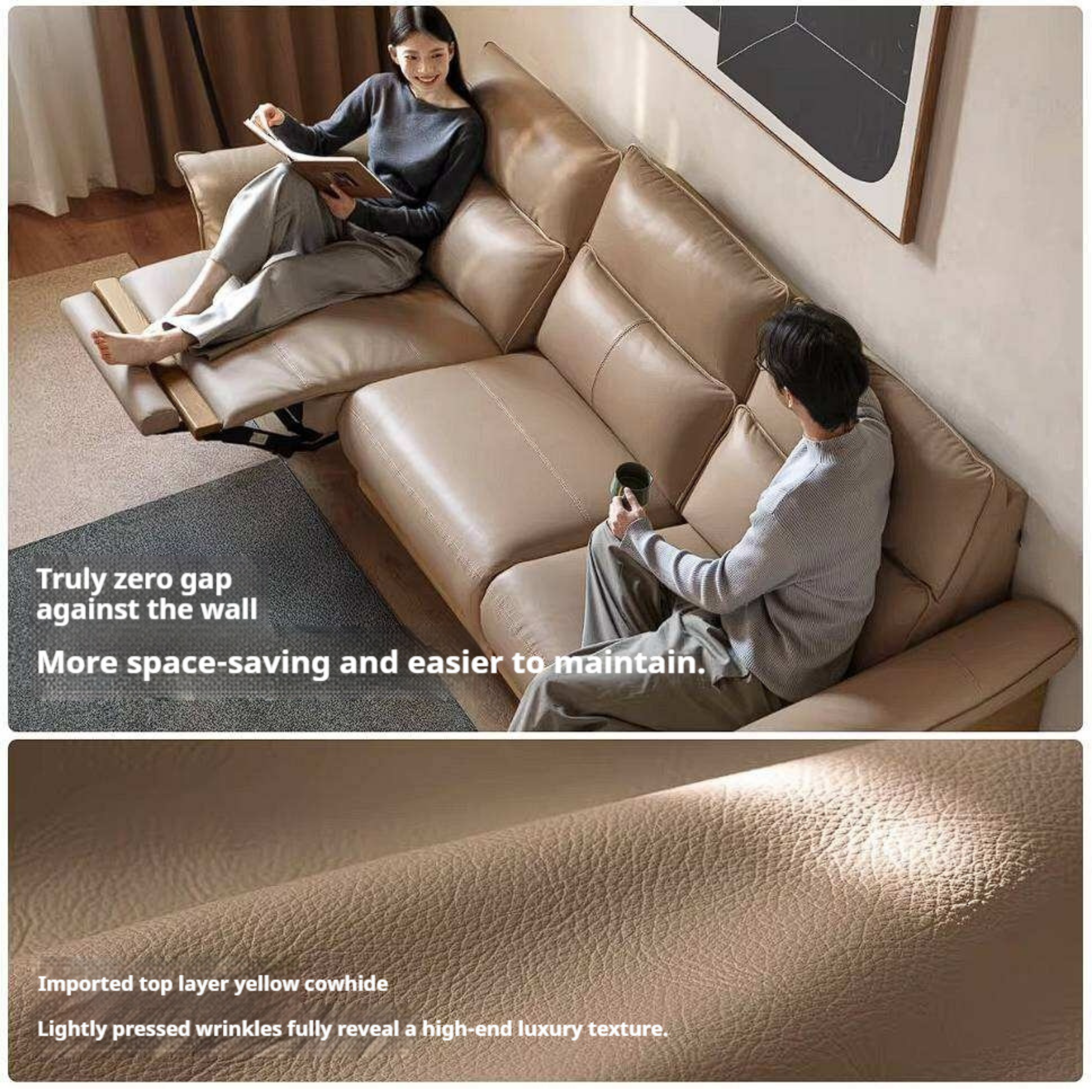 Ash Solid Wood Genuine Leather Modern Electric Reclining Sofa