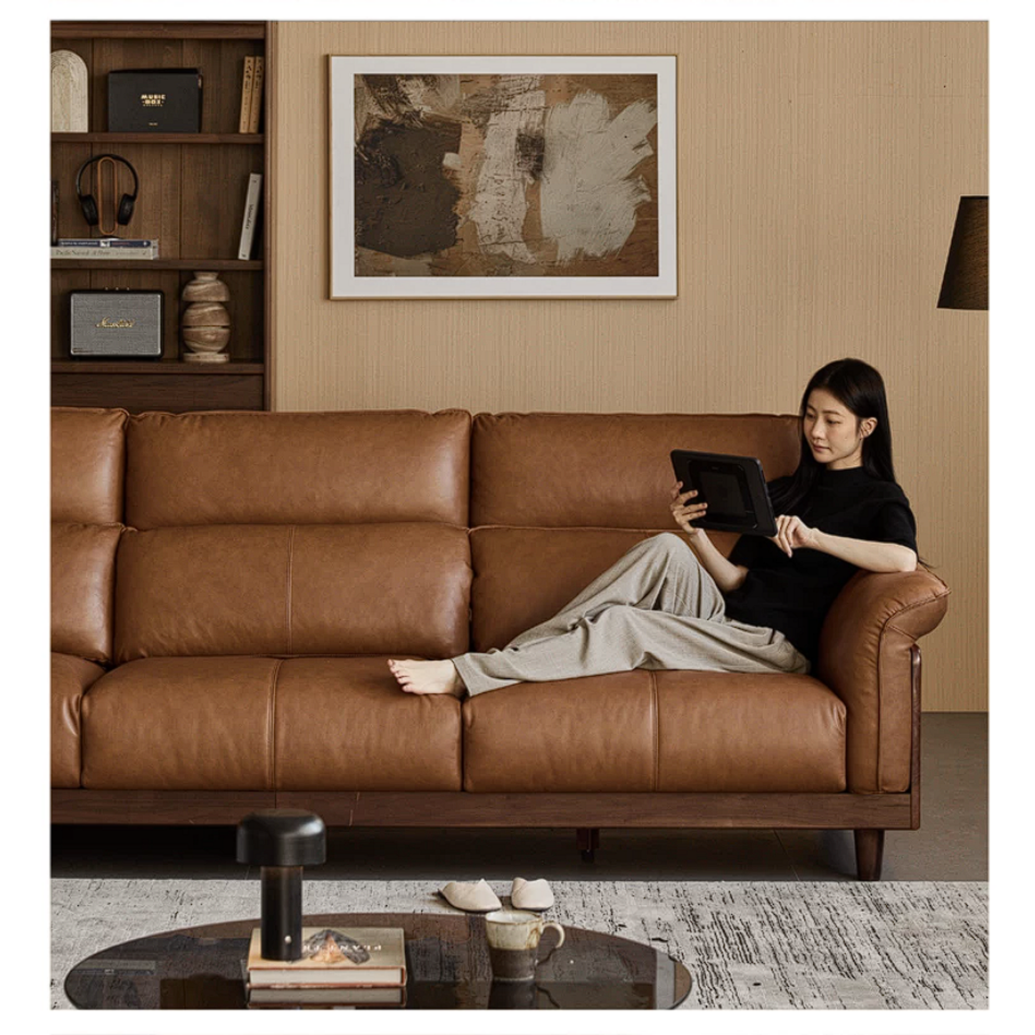 Black Walnut, Ash, Golden Sandalwood Solid Wood Genuine Top-Grain Leather, fabric High back Sofa