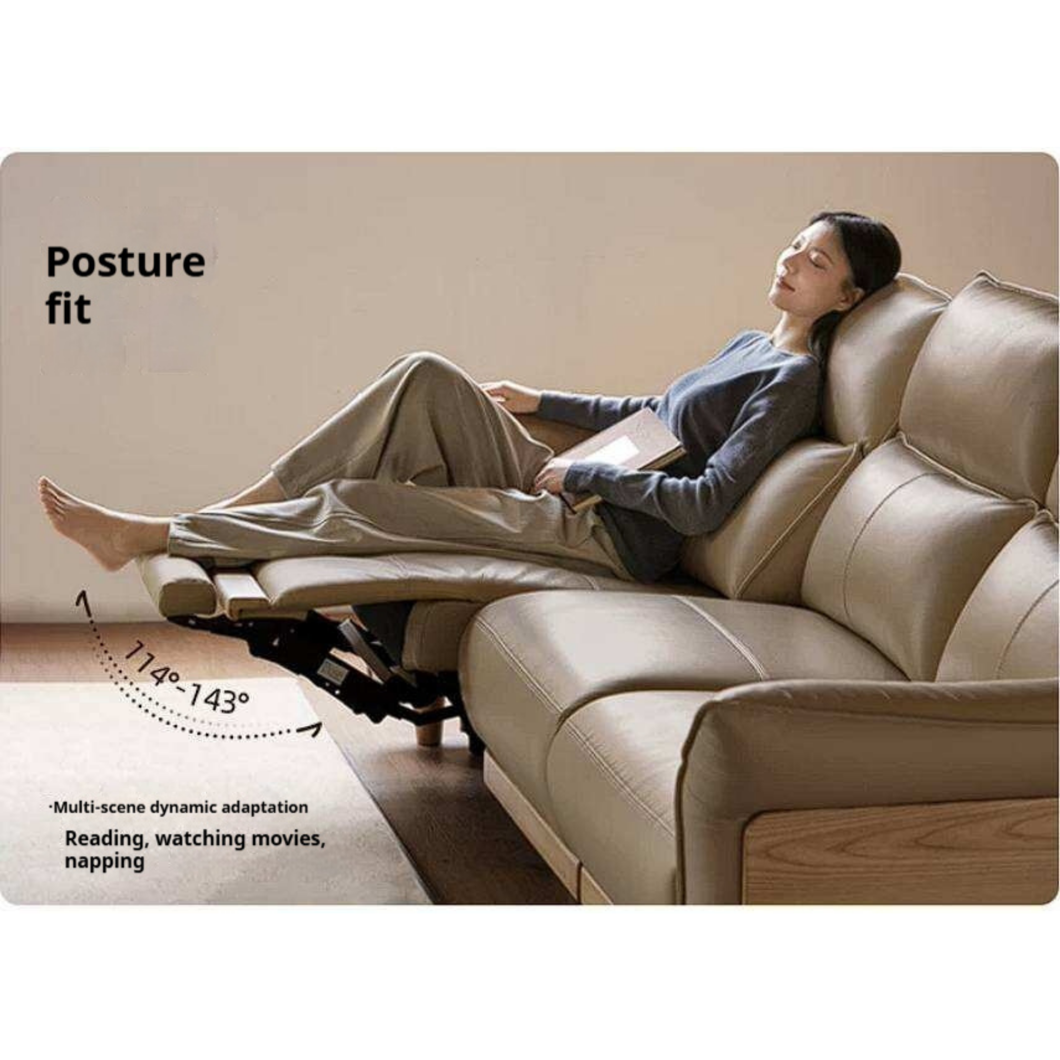 Ash Solid Wood Genuine Leather Modern Electric Reclining Sofa