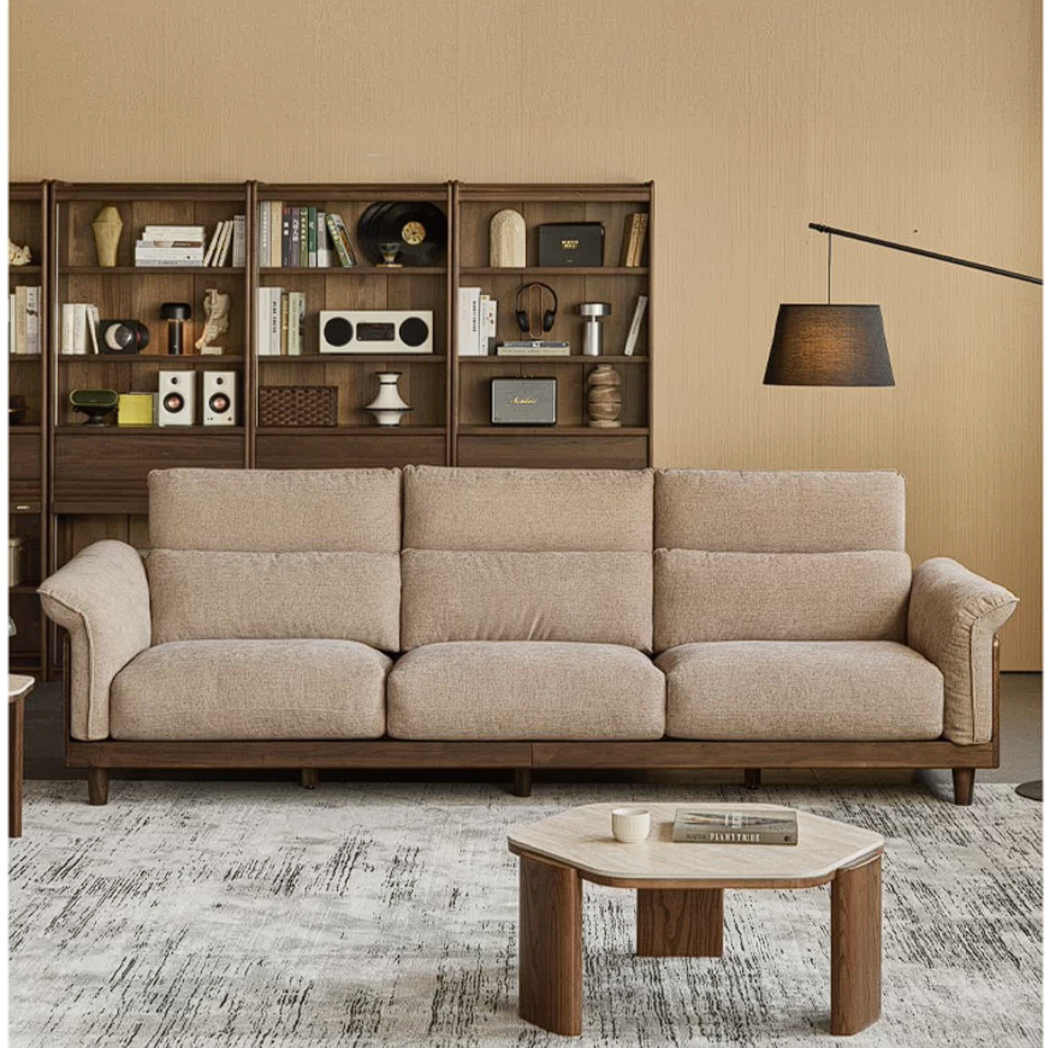 Black Walnut, Ash, Golden Sandalwood Solid Wood Genuine Top-Grain Leather, fabric High back Sofa