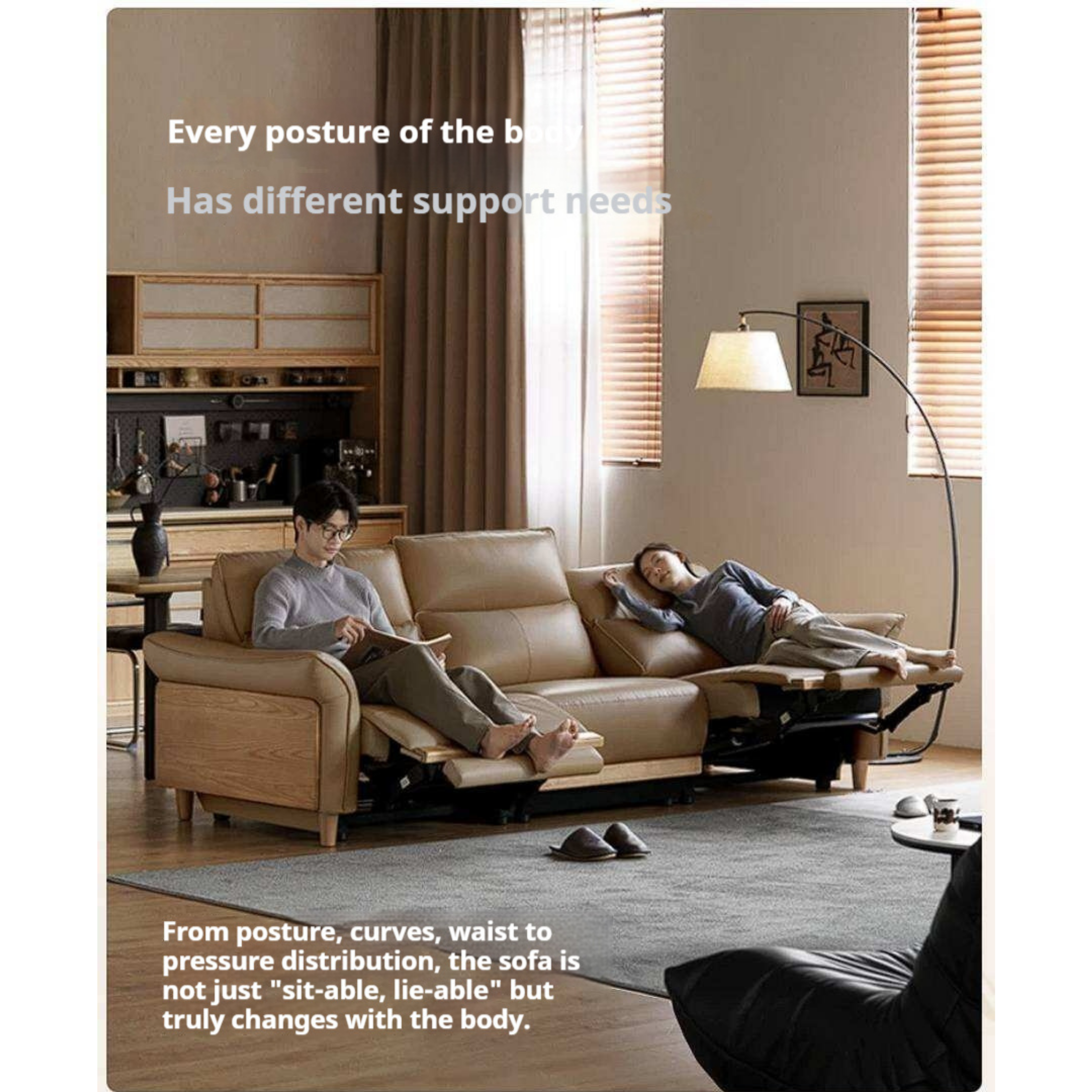 Ash Solid Wood Genuine Leather Modern Electric Reclining Sofa