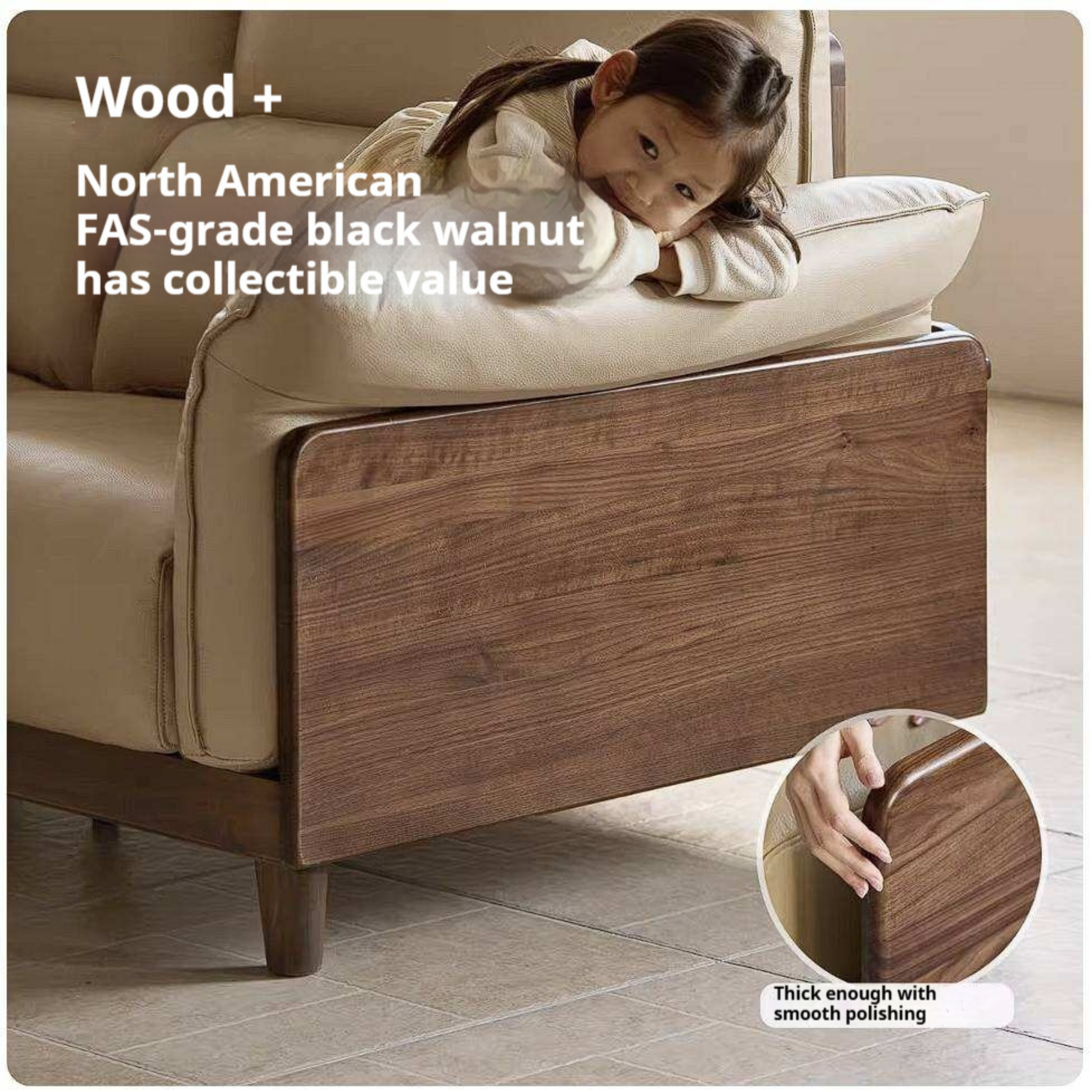 Black Walnut, Ash, Golden Sandalwood Solid Wood Genuine Top-Grain Leather, fabric High back Sofa