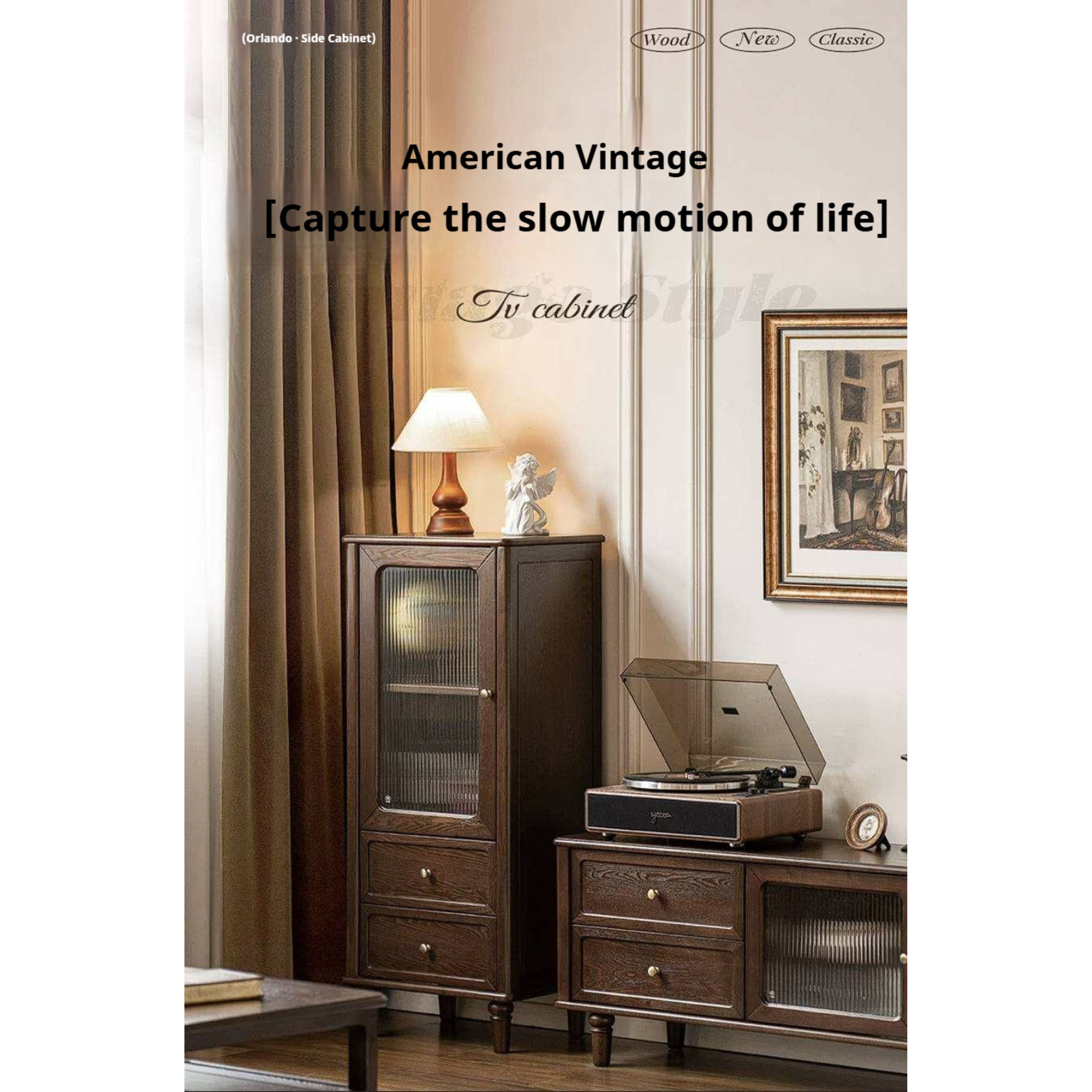 Ash Solid Wood Side Display Cabinet with Fluted Glass Doors