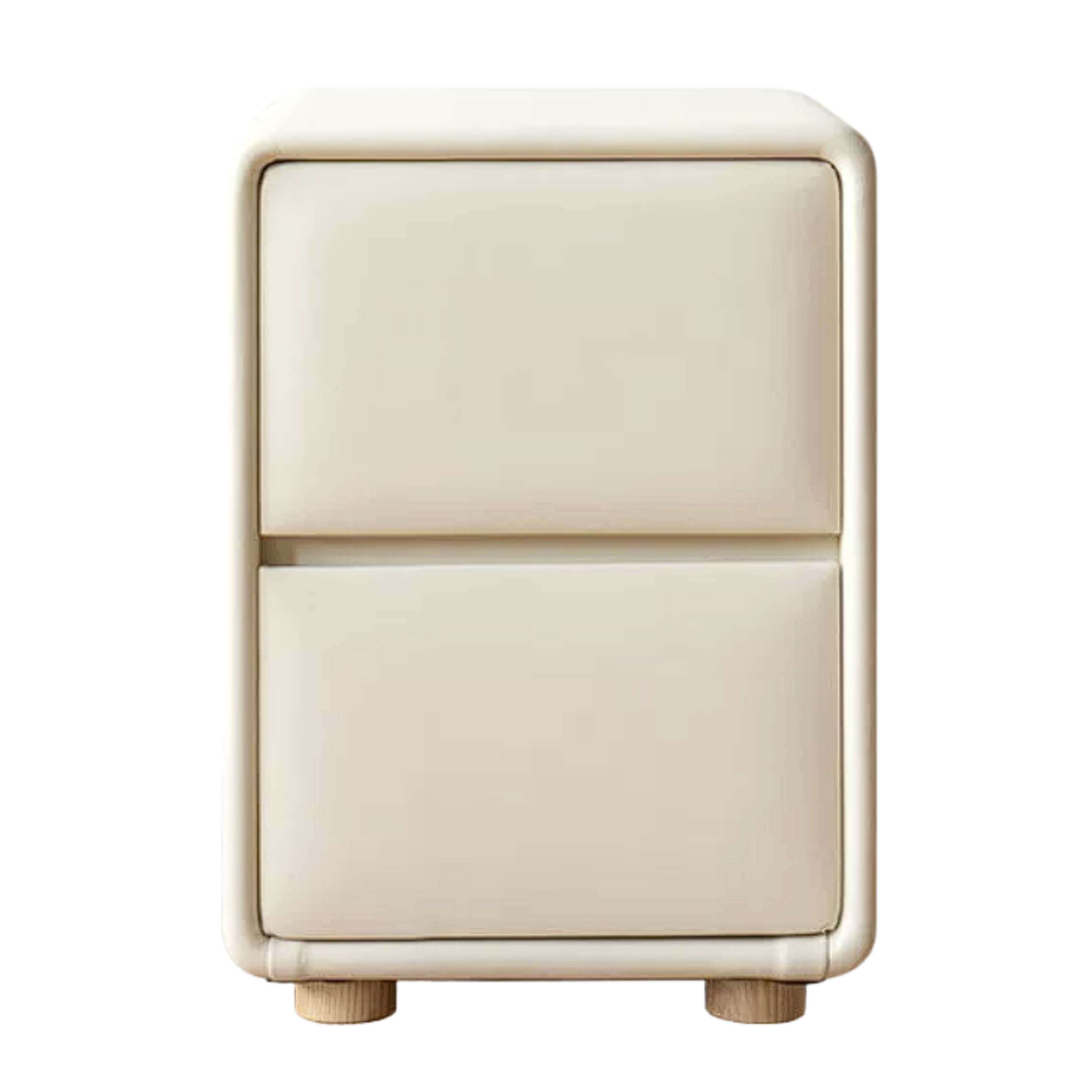 Cream Organic Modern Upholstered Nightstand with Rounded Edges and Soft Leather-Wrapped Frame