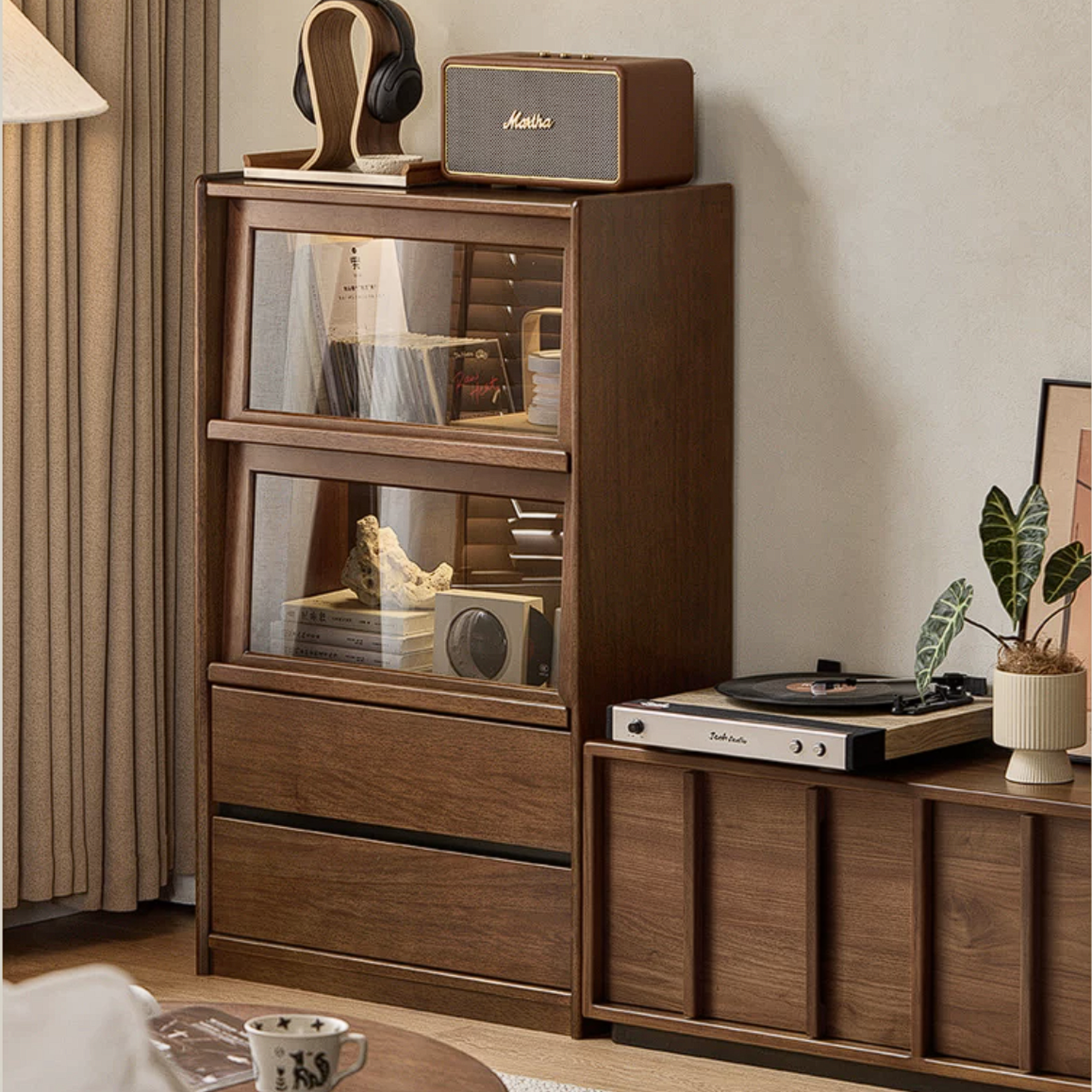 Golden Pearwood Solid Wood Side Cabinet with Lighted Display and Flip Door